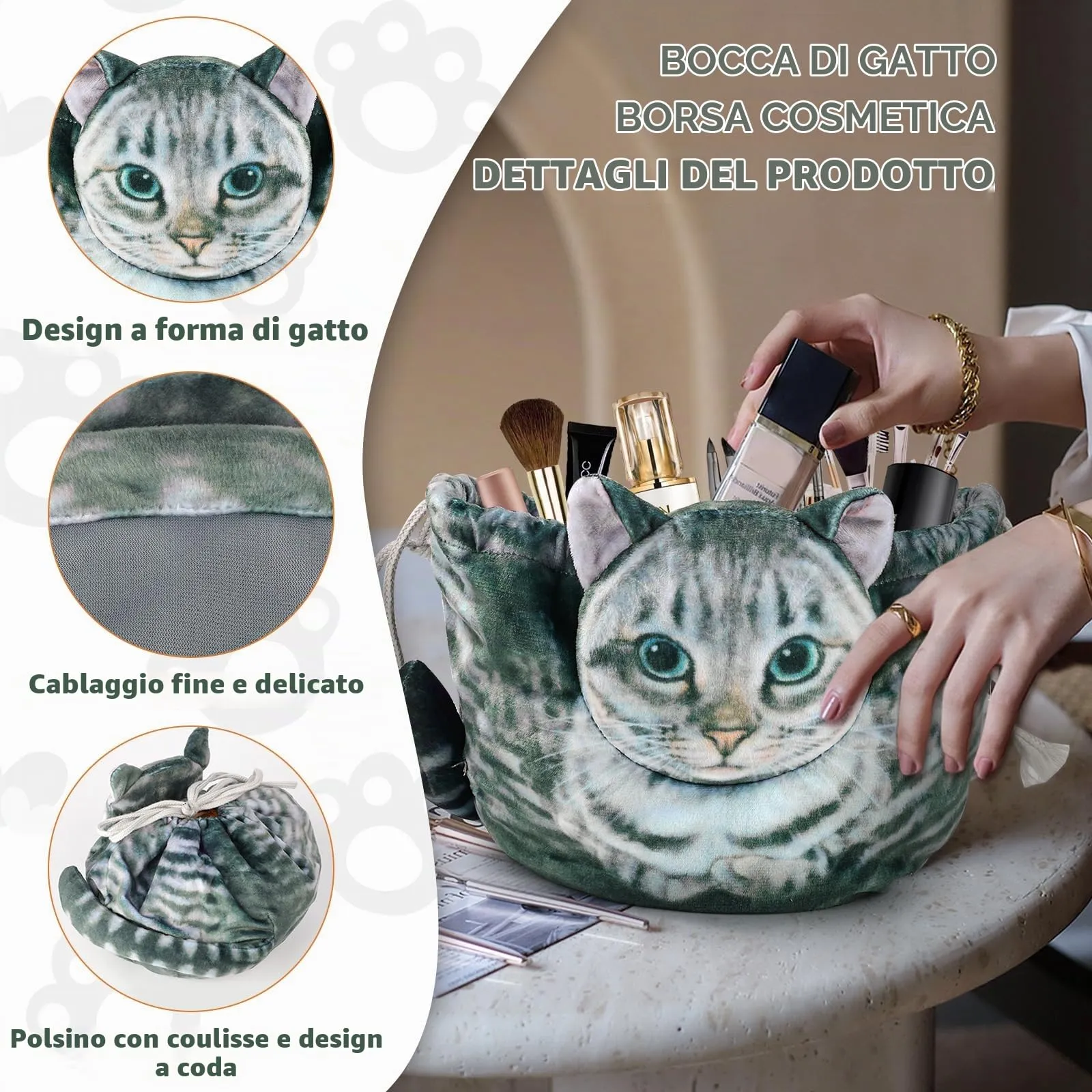 Openhahaha Trousse Cosmetica con Coulisse a Forma di Gatto, Grigio-001 - immagine 3