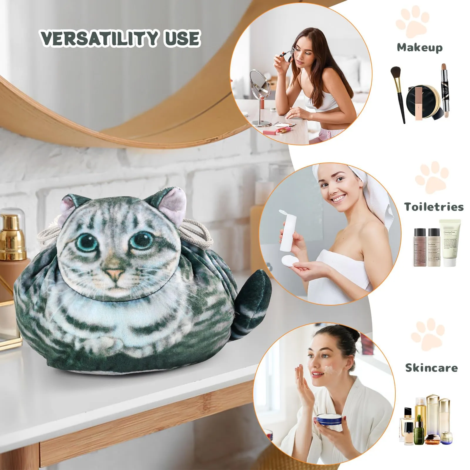 Openhahaha Trousse Cosmetica con Coulisse a Forma di Gatto, Grigio-001 - immagine 4