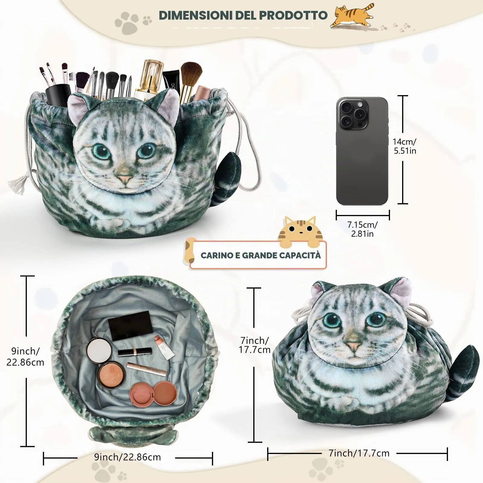 Openhahaha Trousse Cosmetica con Coulisse a Forma di Gatto, Grigio-001 - immagine 5