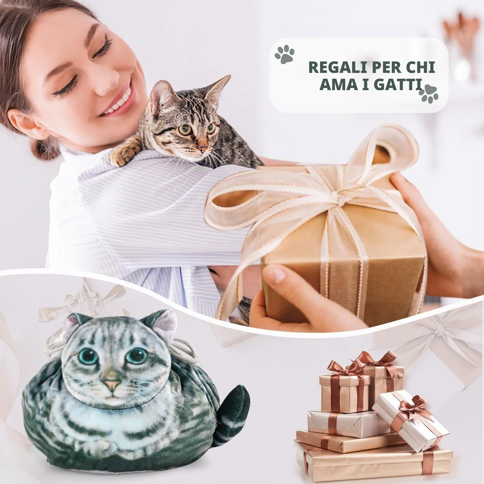 Openhahaha Trousse Cosmetica con Coulisse a Forma di Gatto, Grigio-001 - immagine 6