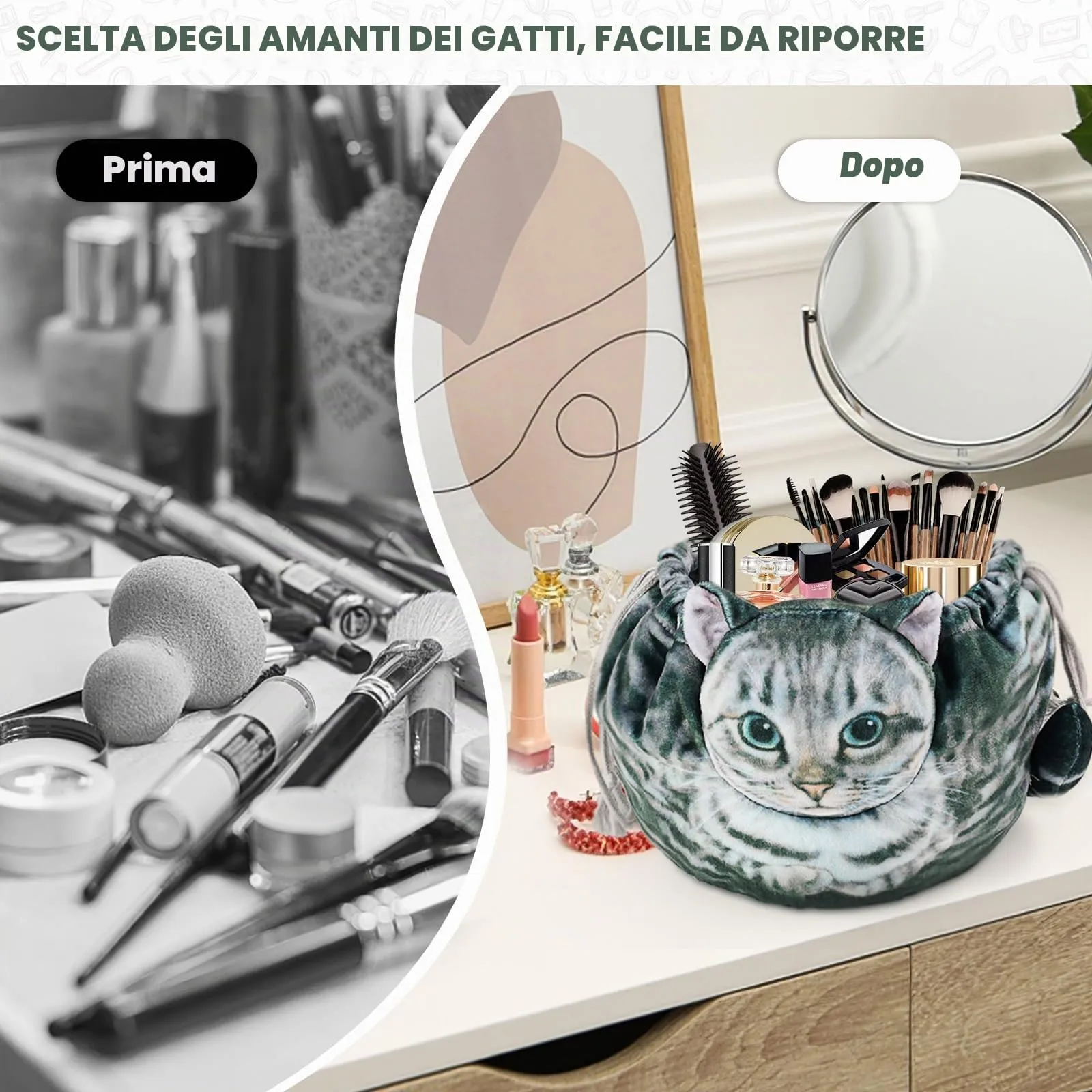 Openhahaha Trousse Cosmetica con Coulisse a Forma di Gatto, Grigio-001 - immagine 8