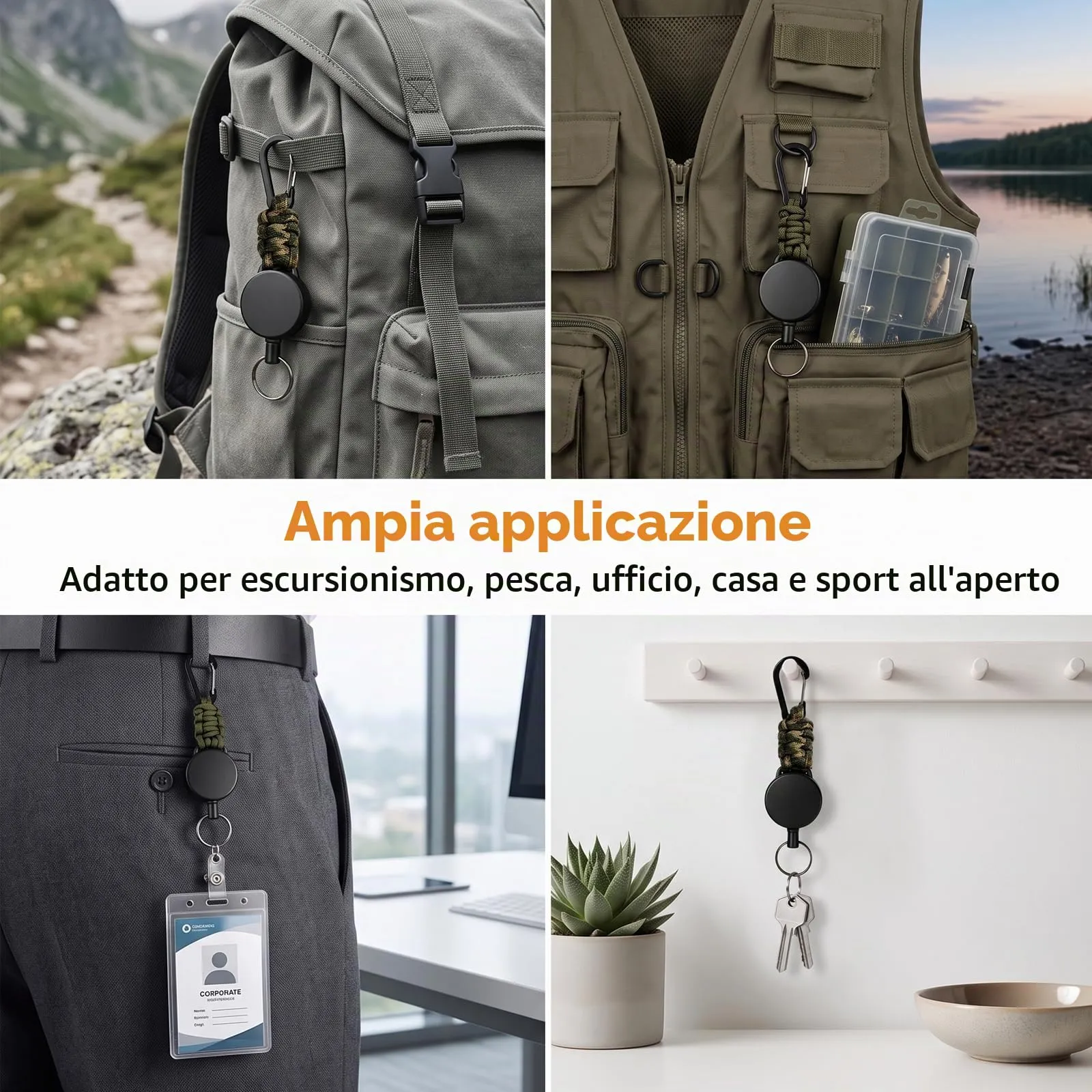 AiQInu Portachiavi Telescopico con Cavo d'Acciaio 60cm, 2 Pezzi (Kaki + Mimetica) - immagine 3