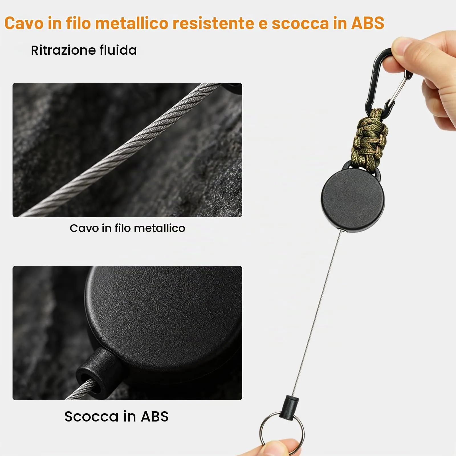 AiQInu Portachiavi Telescopico con Cavo d'Acciaio 60cm, 2 Pezzi (Kaki + Mimetica) - immagine 5