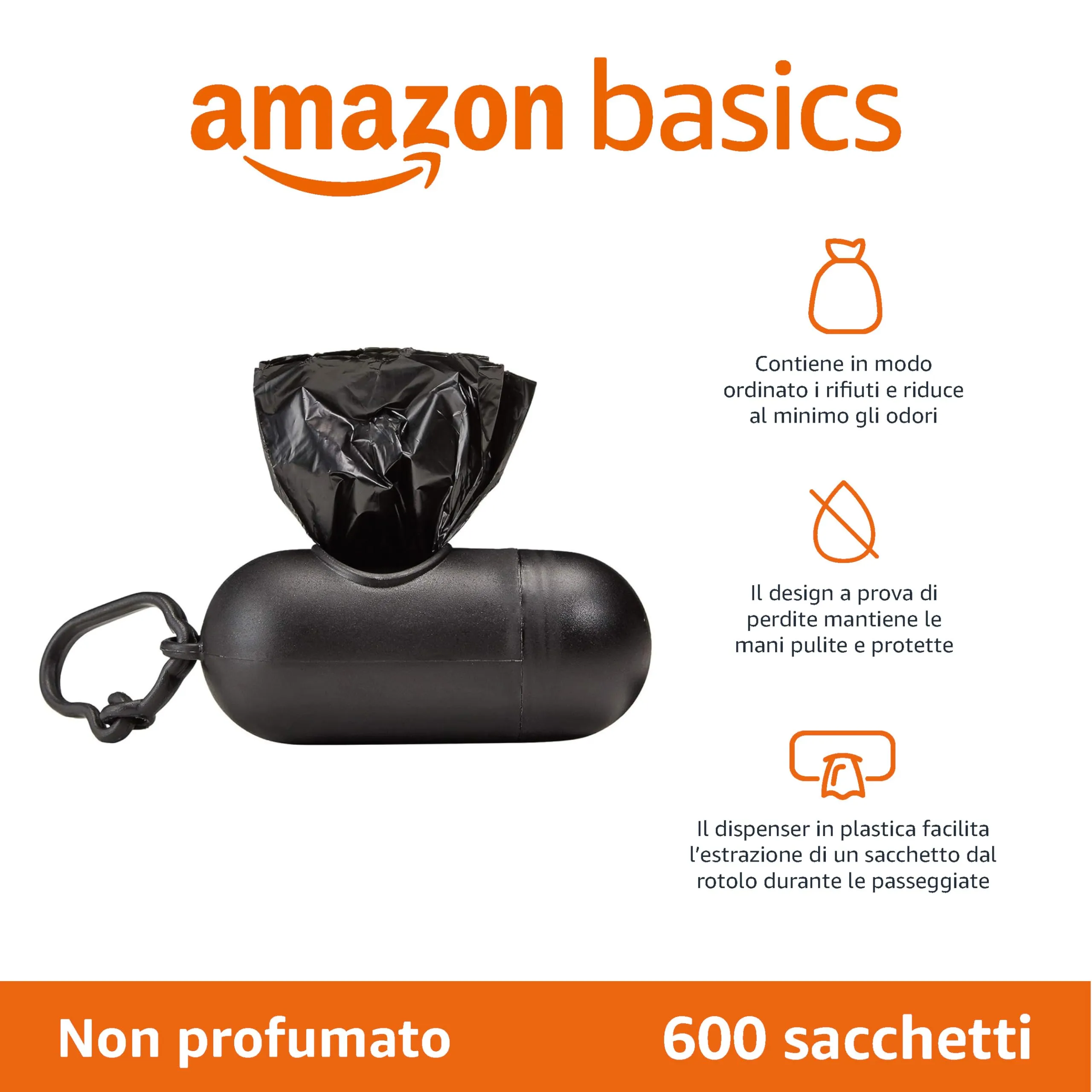 Amazon Basics Sacchetti igienici per cani con dispenser e clip per guinzaglio, inodori, 600 pezzi - immagine 2