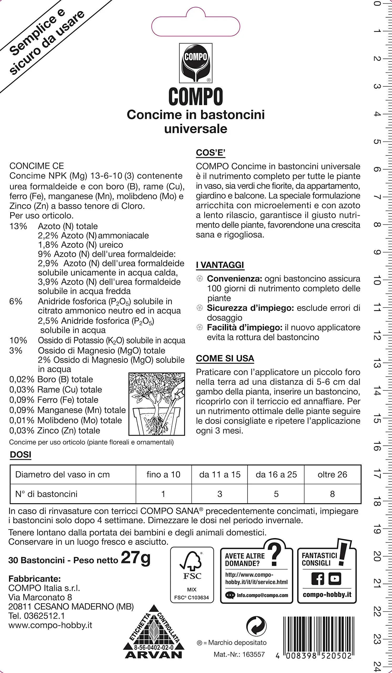 Compo Concime in Bastoncini Universale a Lenta Cessione per Piante in Vaso, 30 Bastoncini (27 g) - immagine 4
