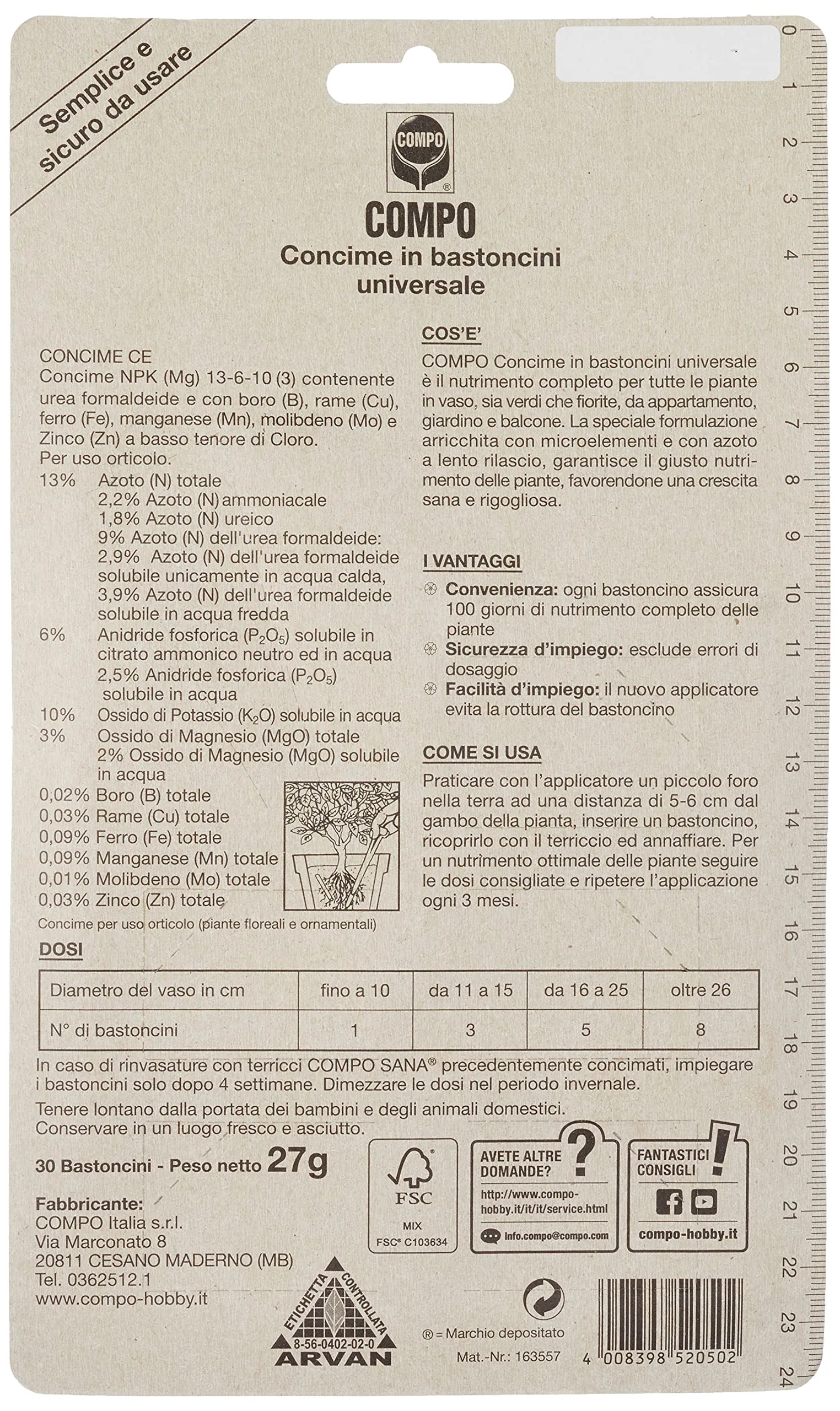 Compo Concime in Bastoncini Universale a Lenta Cessione per Piante in Vaso, 30 Bastoncini (27 g) - immagine 5