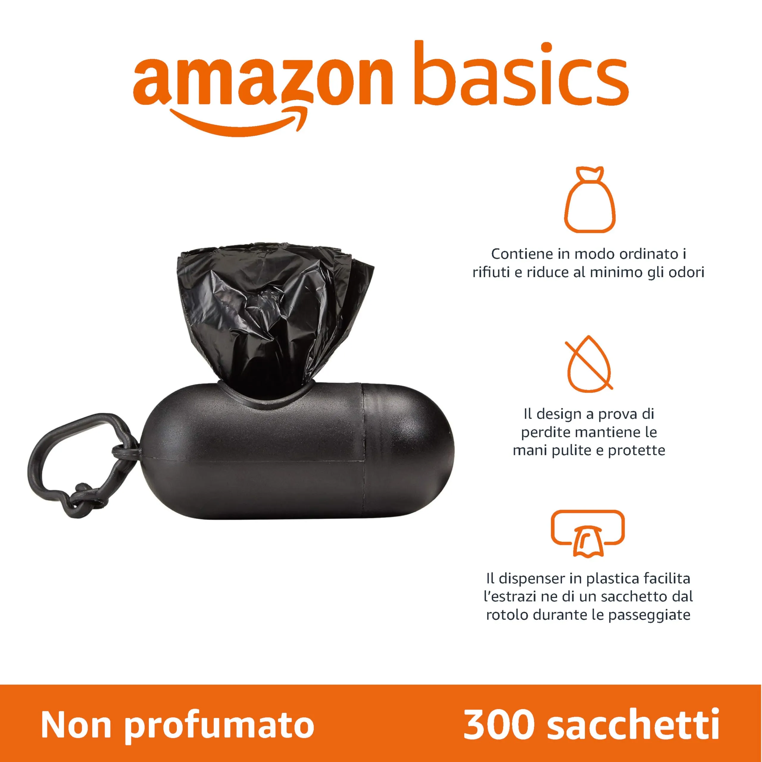 Amazon Basics Sacchetti igienici per cani con dispenser e clip per guinzaglio, inodori, 300 pezzi - immagine 2