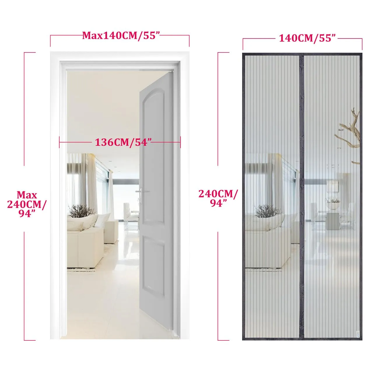 Apalus Zanzariera con Magneti per Porte, 140 x 240 cm, Grigio - immagine 4