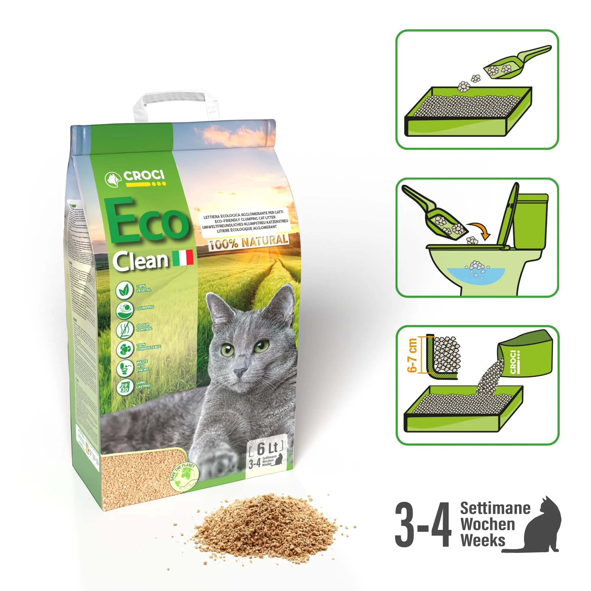 Croci Eco Clean Lettiera Gatti Agglomerante Biodegradabile 6 L - Sabbia - immagine 3