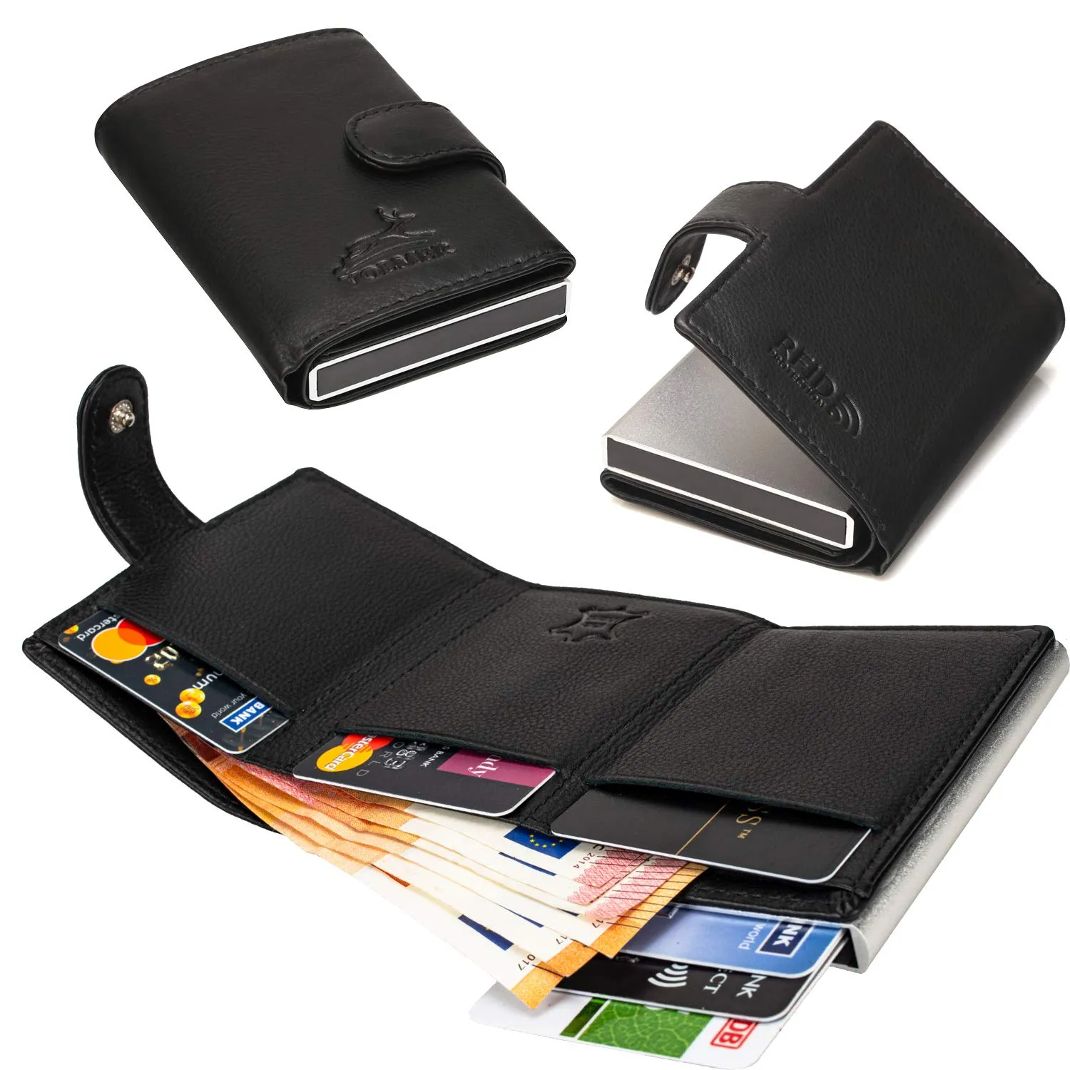 Fa.Volmer Porta carte pop-up in vera pelle, protezione RFID, VO24/31, Nero, 6 x 9,5 x 1,5cm - immagine 2