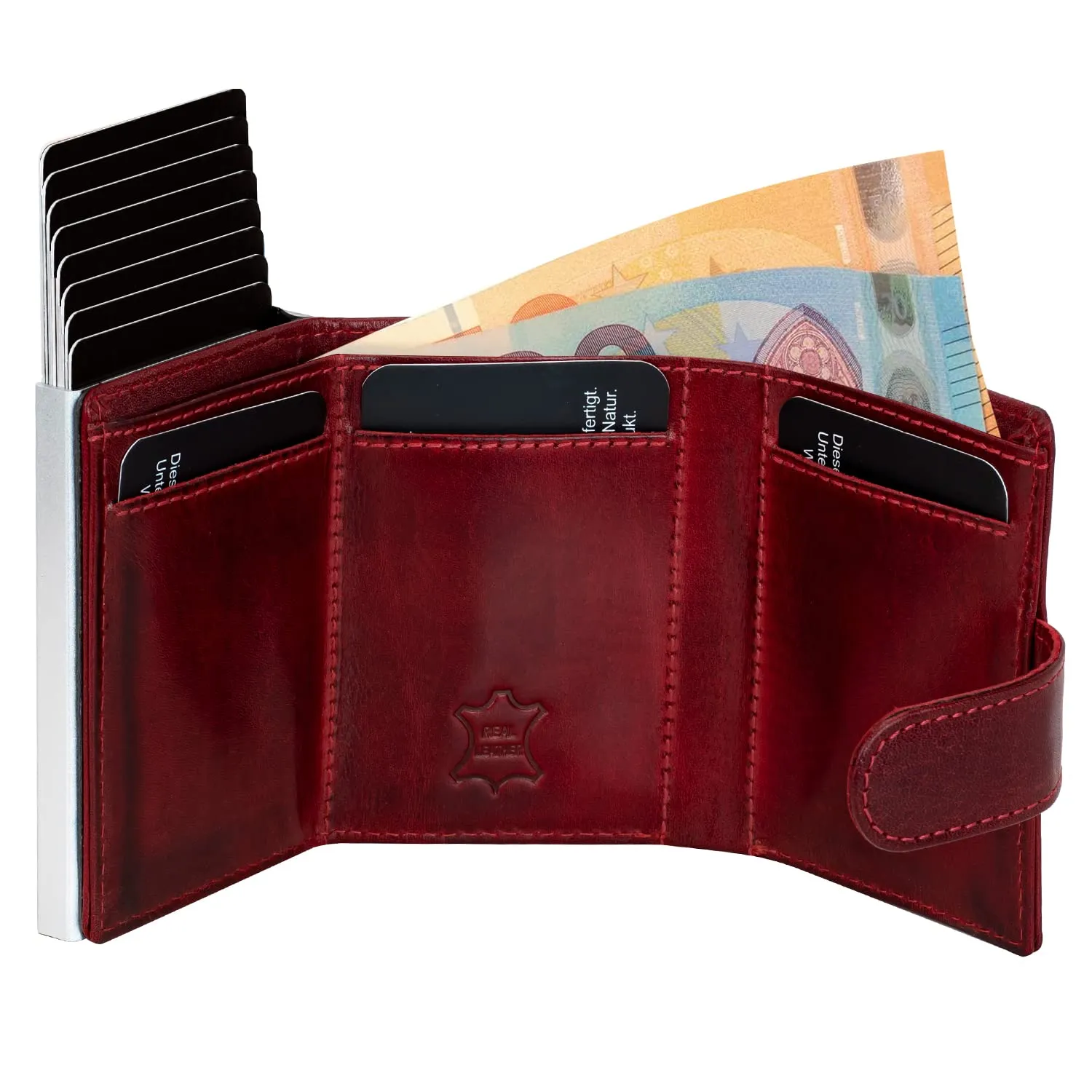 Fa.Volmer Pop-Up Portacarte in Vera Pelle con Tasca per Monete, Protezione RFID, VO31 Red (Rosso Bordeaux) - immagine 2