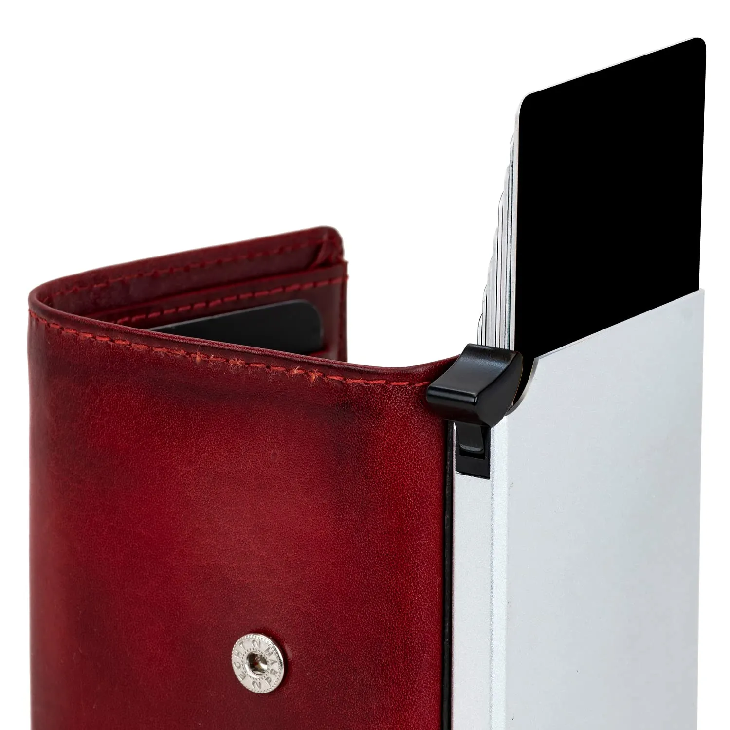 Fa.Volmer Pop-Up Portacarte in Vera Pelle con Tasca per Monete, Protezione RFID, VO31 Red (Rosso Bordeaux) - immagine 4