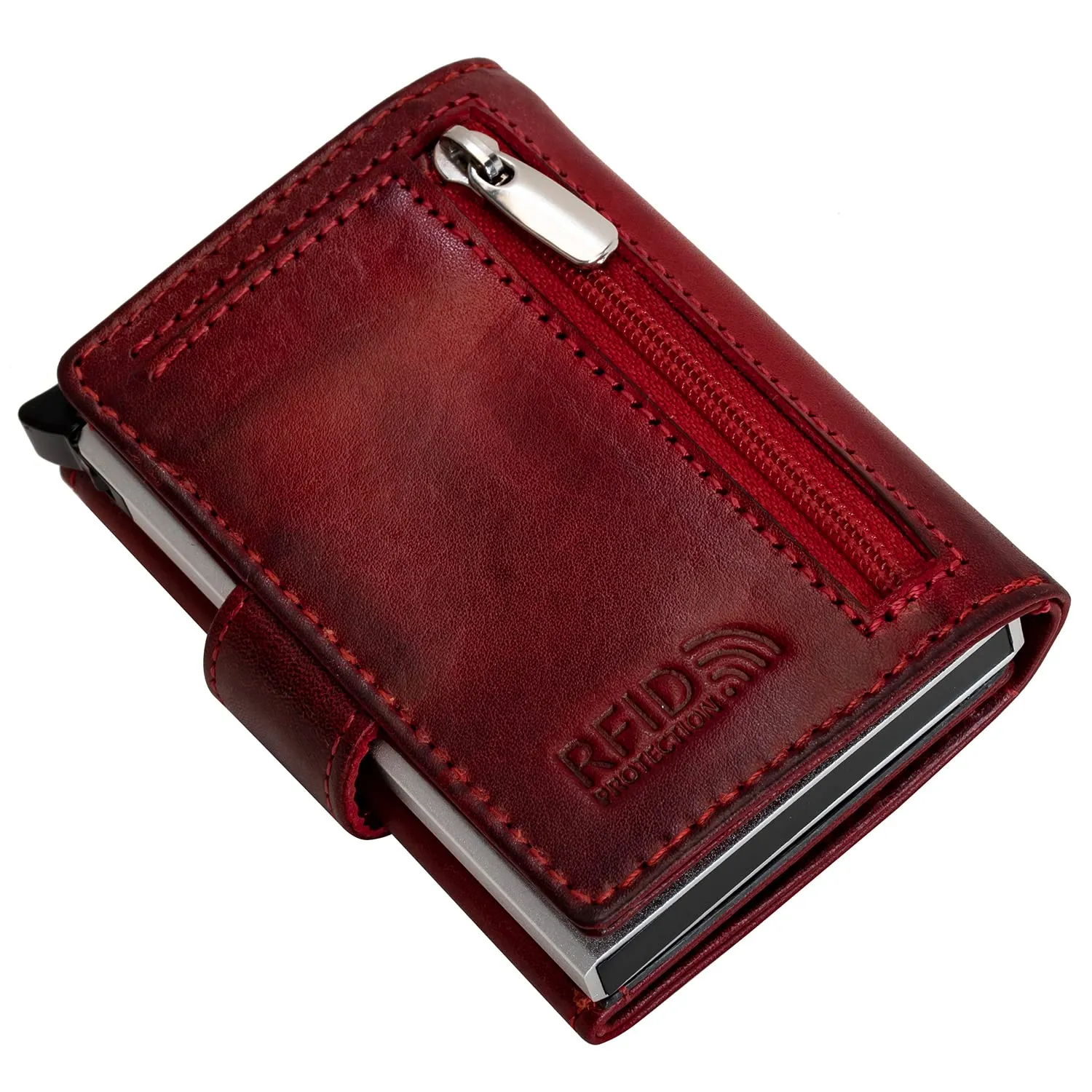 Fa.Volmer Pop-Up Portacarte in Vera Pelle con Tasca per Monete, Protezione RFID, VO31 Red (Rosso Bordeaux) - immagine 6