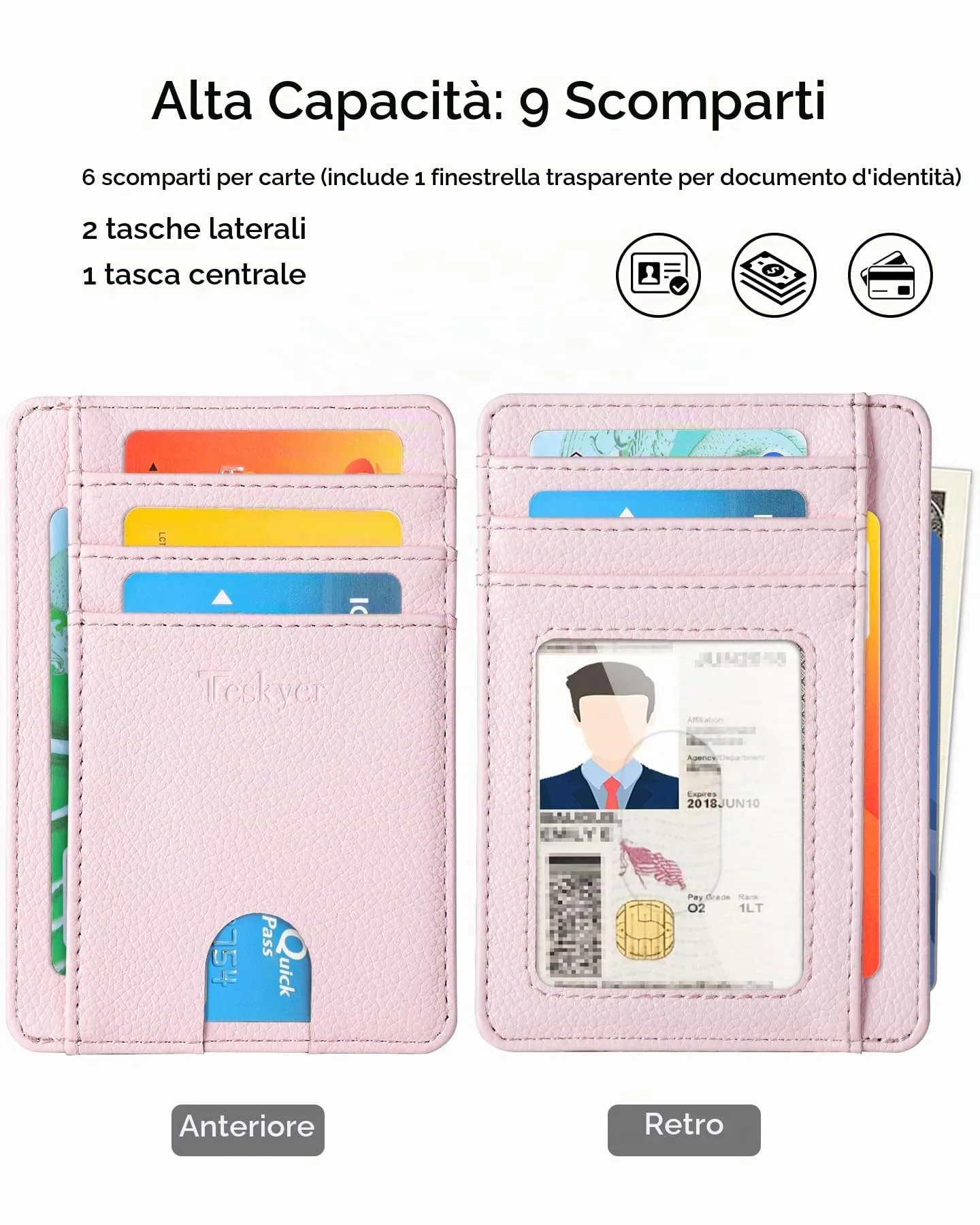 Teskyer Portafoglio Porta Carte di Credito Donna RFID, Design Minimalista, Rosa Chiaro - immagine 2