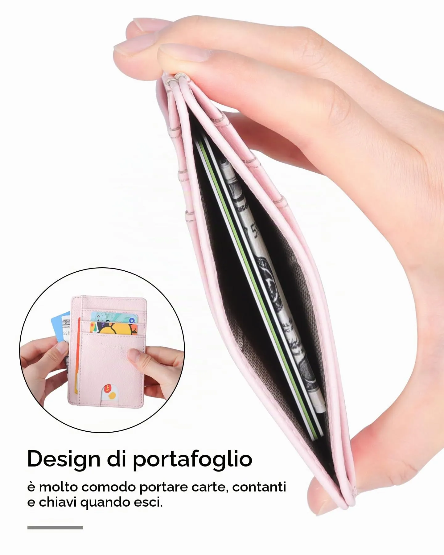 Teskyer Portafoglio Porta Carte di Credito Donna RFID, Design Minimalista, Rosa Chiaro - immagine 5