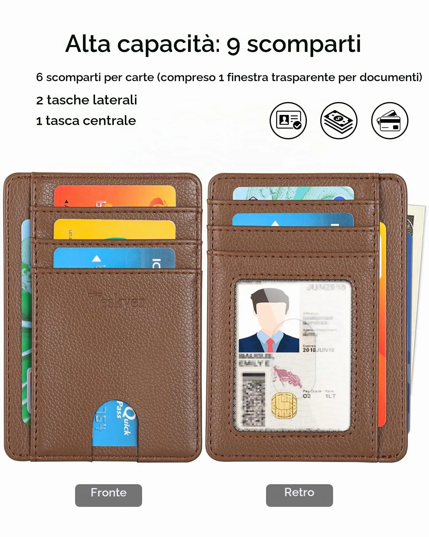 Teskyer Portafoglio Porta Carte di Credito in Pelle PU con Protezione RFID, Marrone - immagine 2