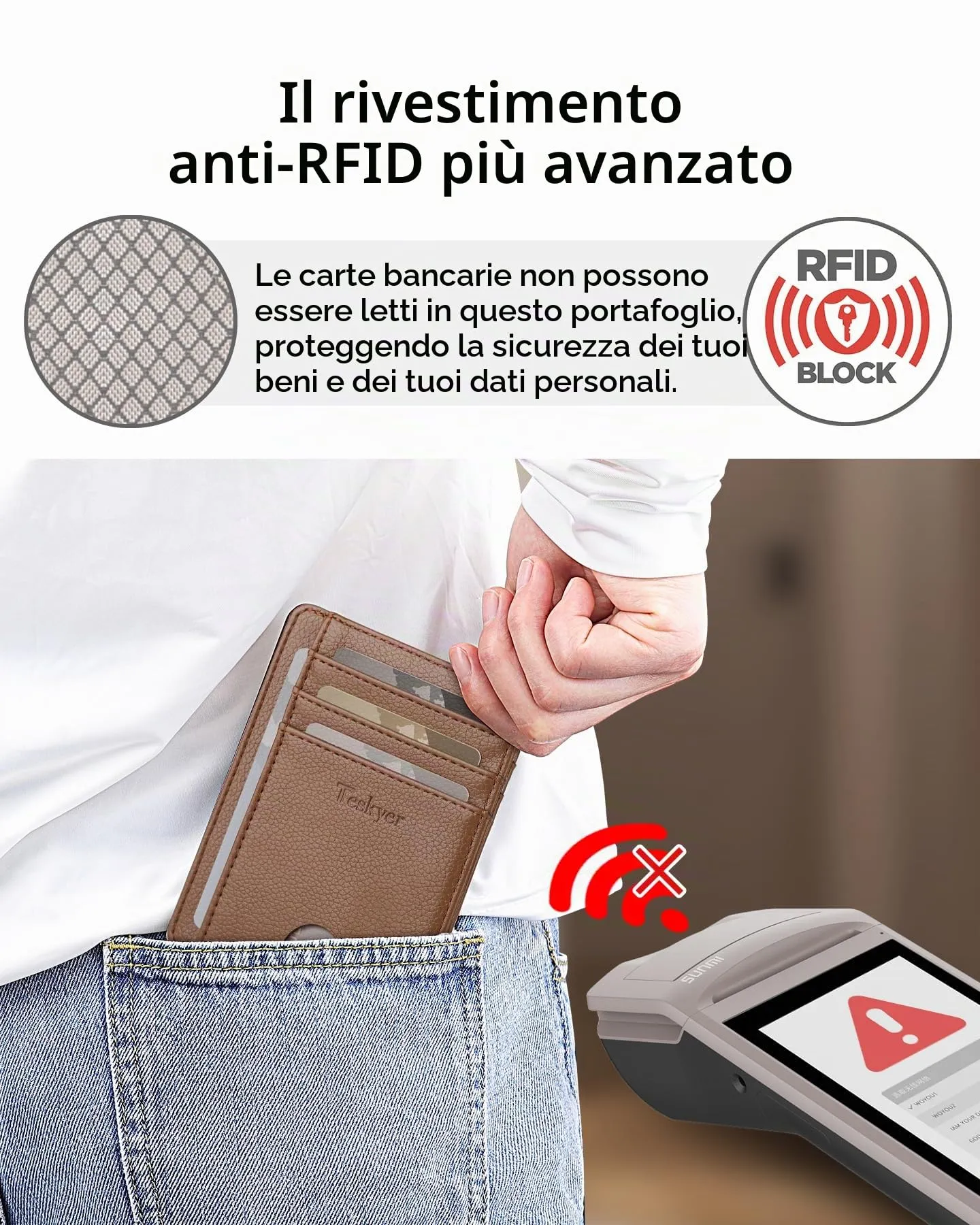 Teskyer Portafoglio Porta Carte di Credito in Pelle PU con Protezione RFID, Marrone - immagine 4
