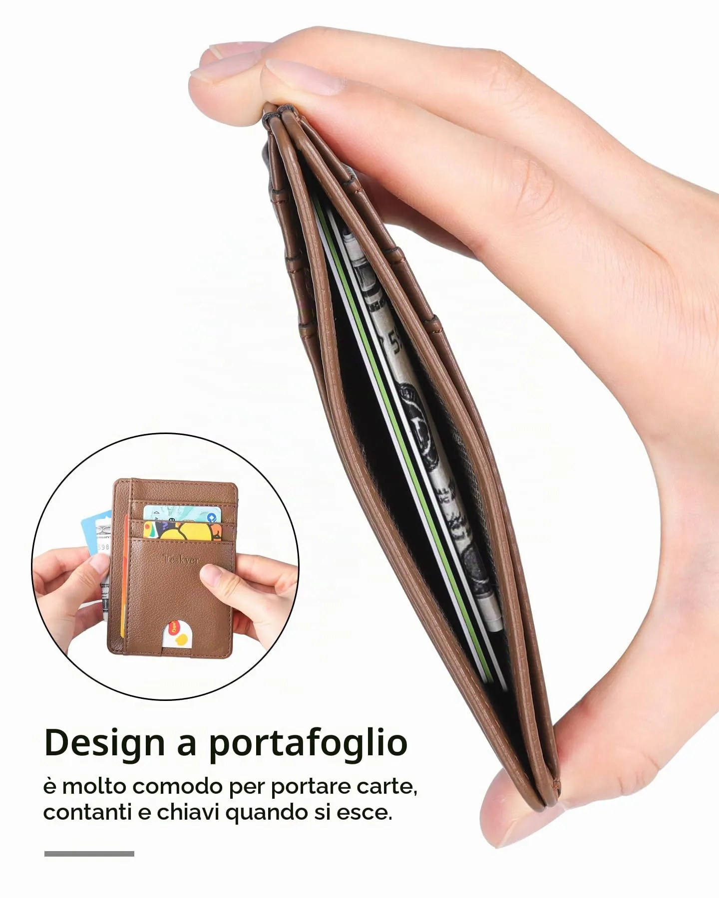 Teskyer Portafoglio Porta Carte di Credito in Pelle PU con Protezione RFID, Marrone - immagine 5