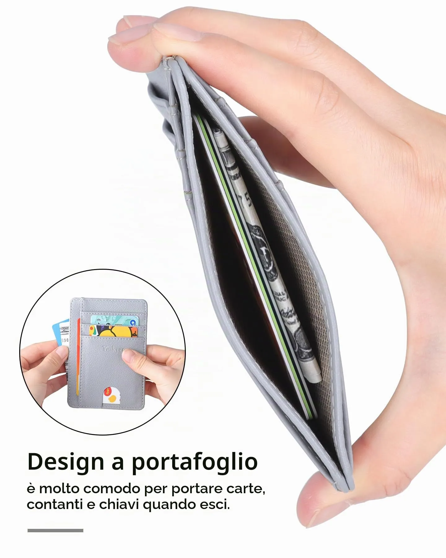 Teskyer Portafoglio Portacarte in Pelle PU RFID Minimalista, Grigio Chiaro - immagine 5