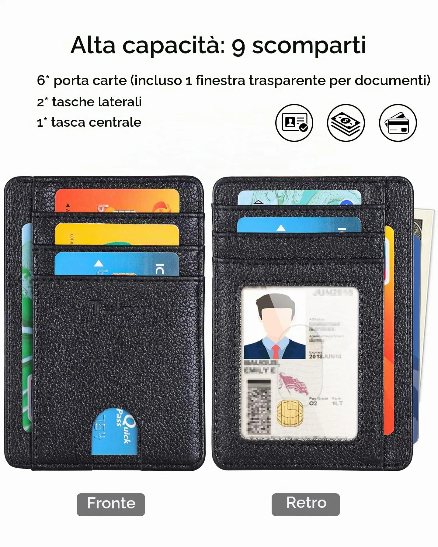 Teskyer Portafoglio Porta Carte Credito Uomo RFID Minimalista, Nero - immagine 2