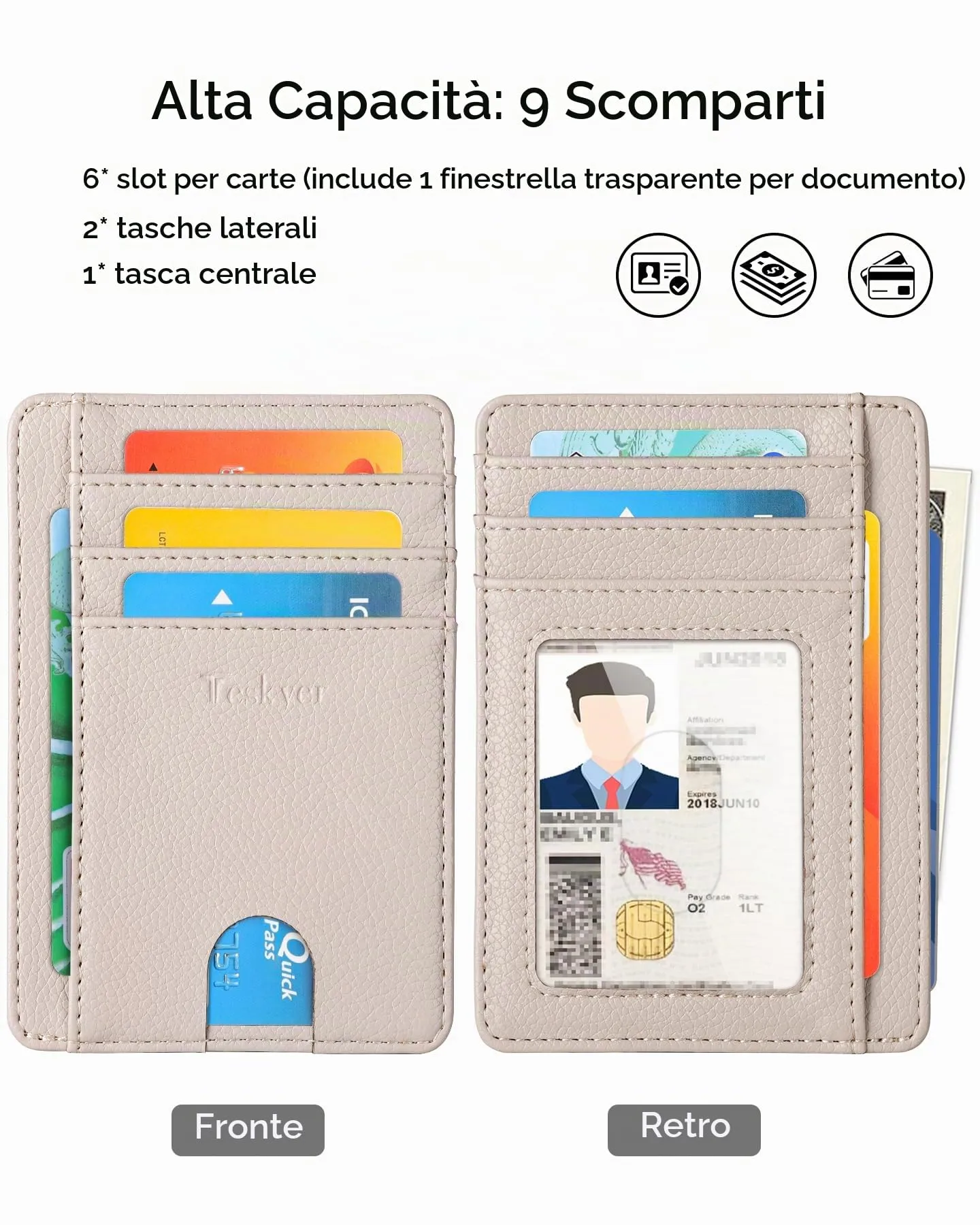 Teskyer Porta Carte di Credito in Pelle PU, Sottile con Protezione RFID, Beige - immagine 2