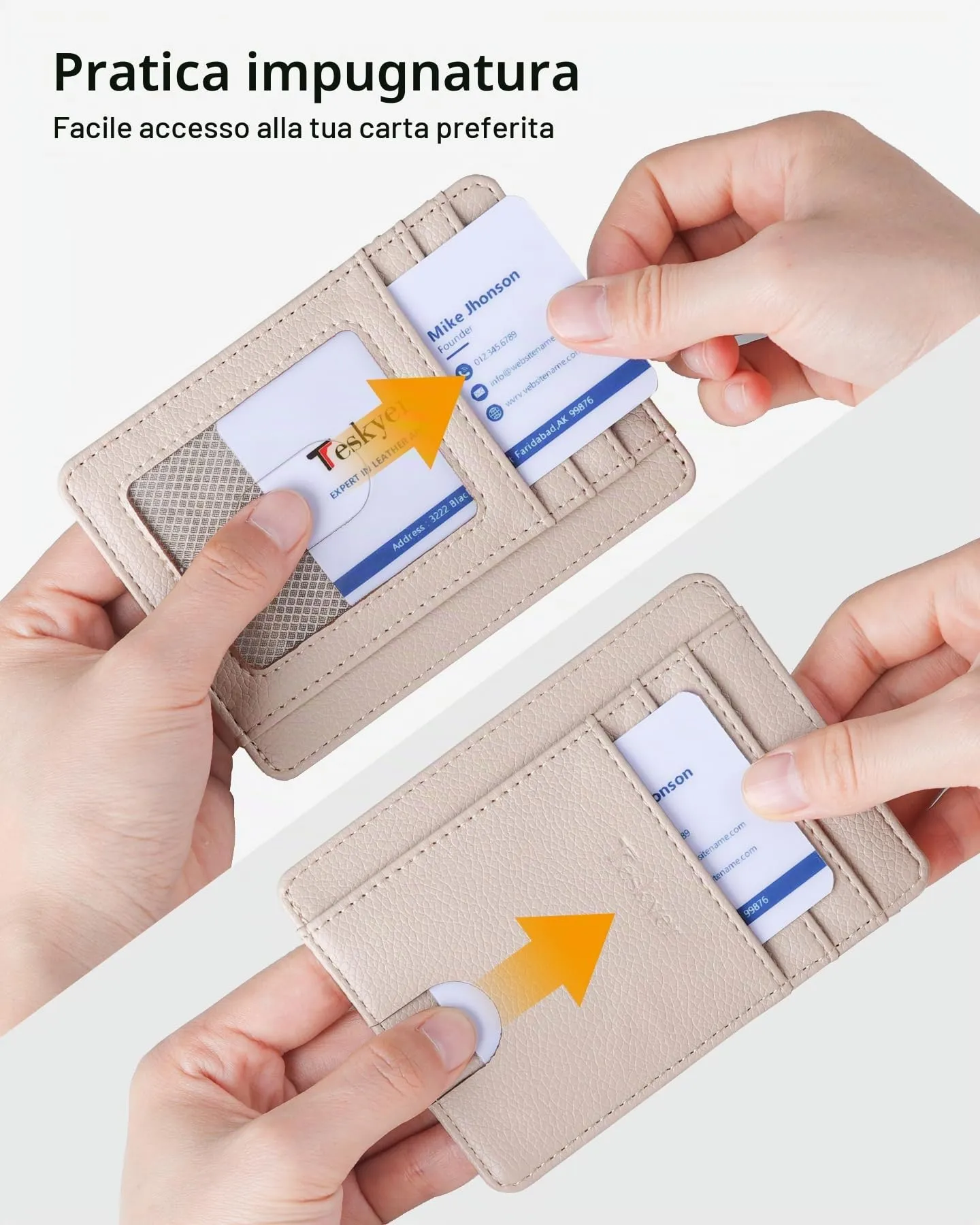 Teskyer Porta Carte di Credito in Pelle PU, Sottile con Protezione RFID, Beige - immagine 3