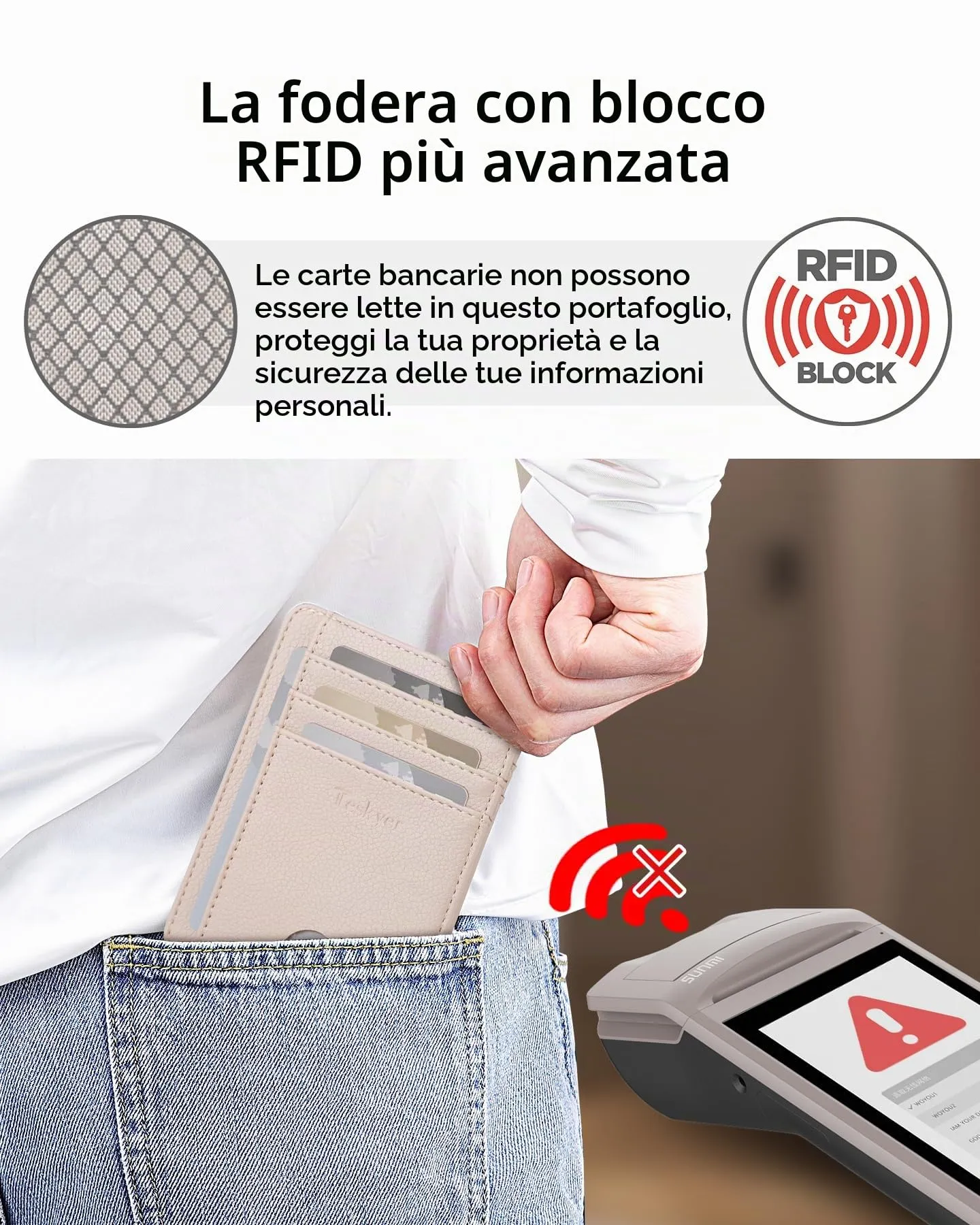 Teskyer Porta Carte di Credito in Pelle PU, Sottile con Protezione RFID, Beige - immagine 4