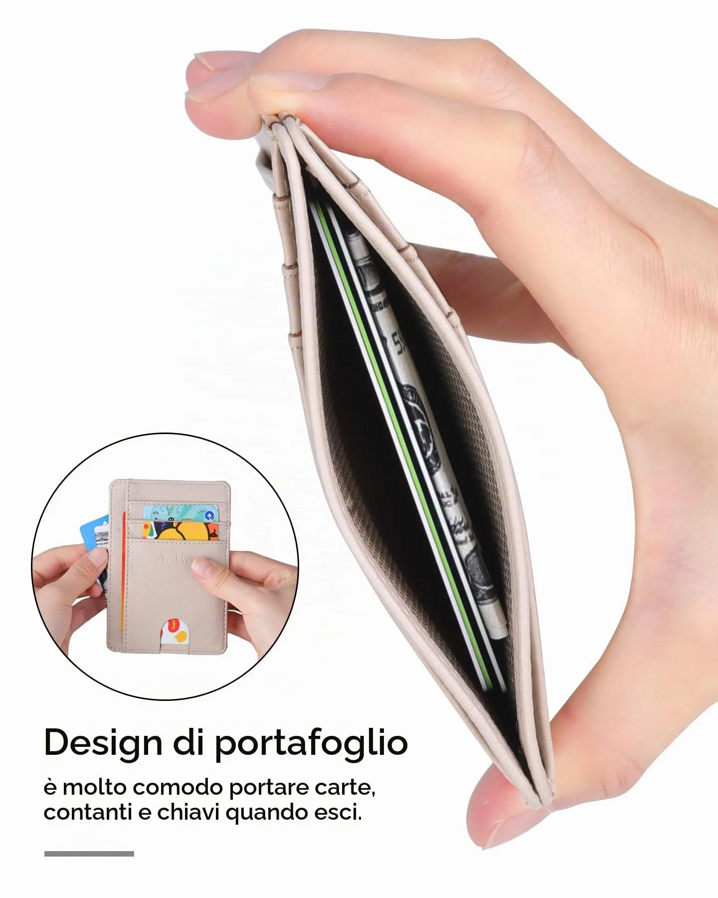Teskyer Porta Carte di Credito in Pelle PU, Sottile con Protezione RFID, Beige - immagine 5