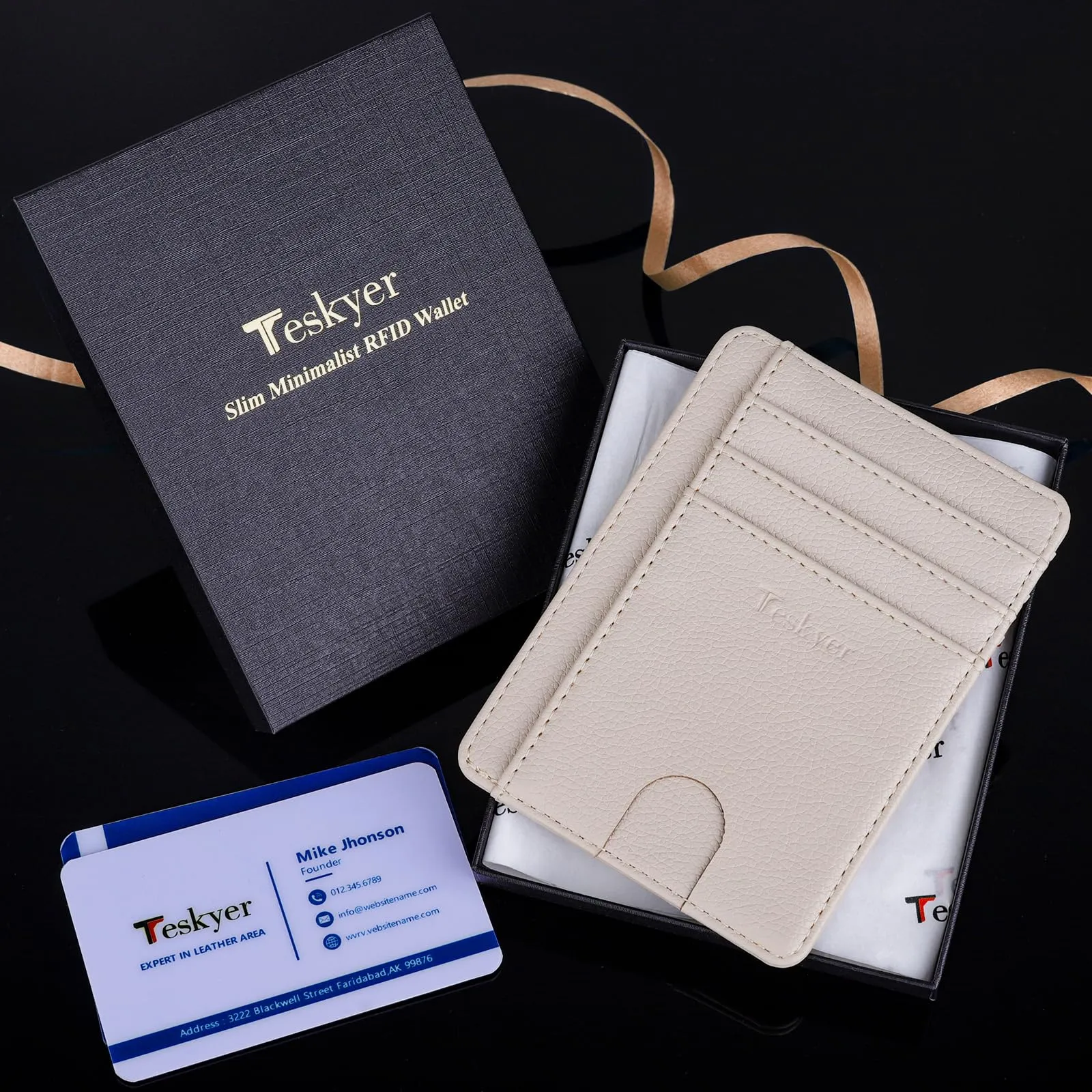Teskyer Porta Carte di Credito in Pelle PU, Sottile con Protezione RFID, Beige - immagine 7