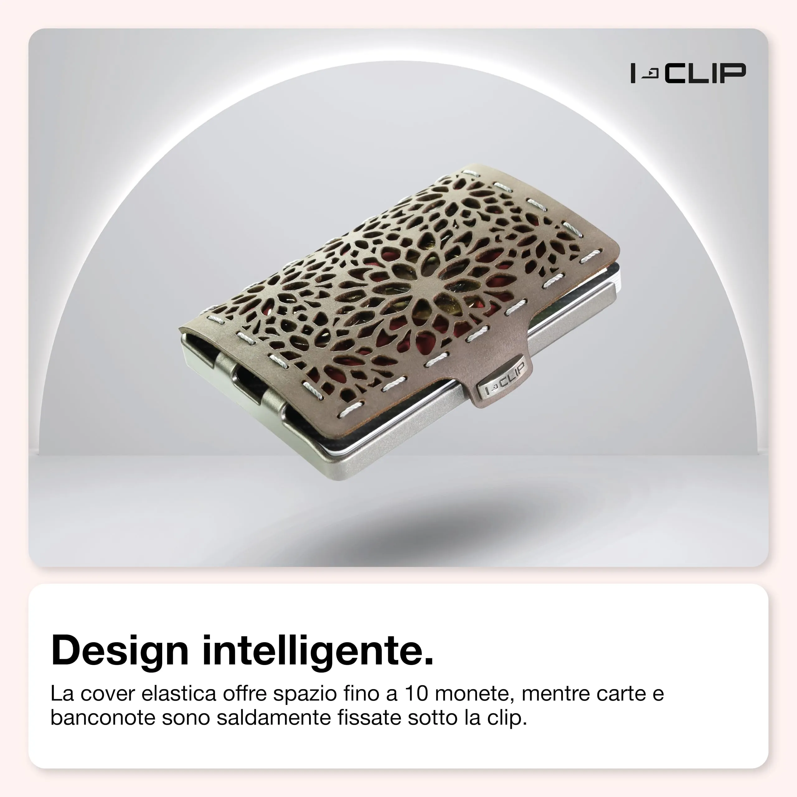 I-CLIP Original Portafoglio Donna Slim con Portamonete e Clip per Banconote, Mini Wallet fino a 12 Carte, Pelle Grey e Rosa, Telaio Argento - immagine 2