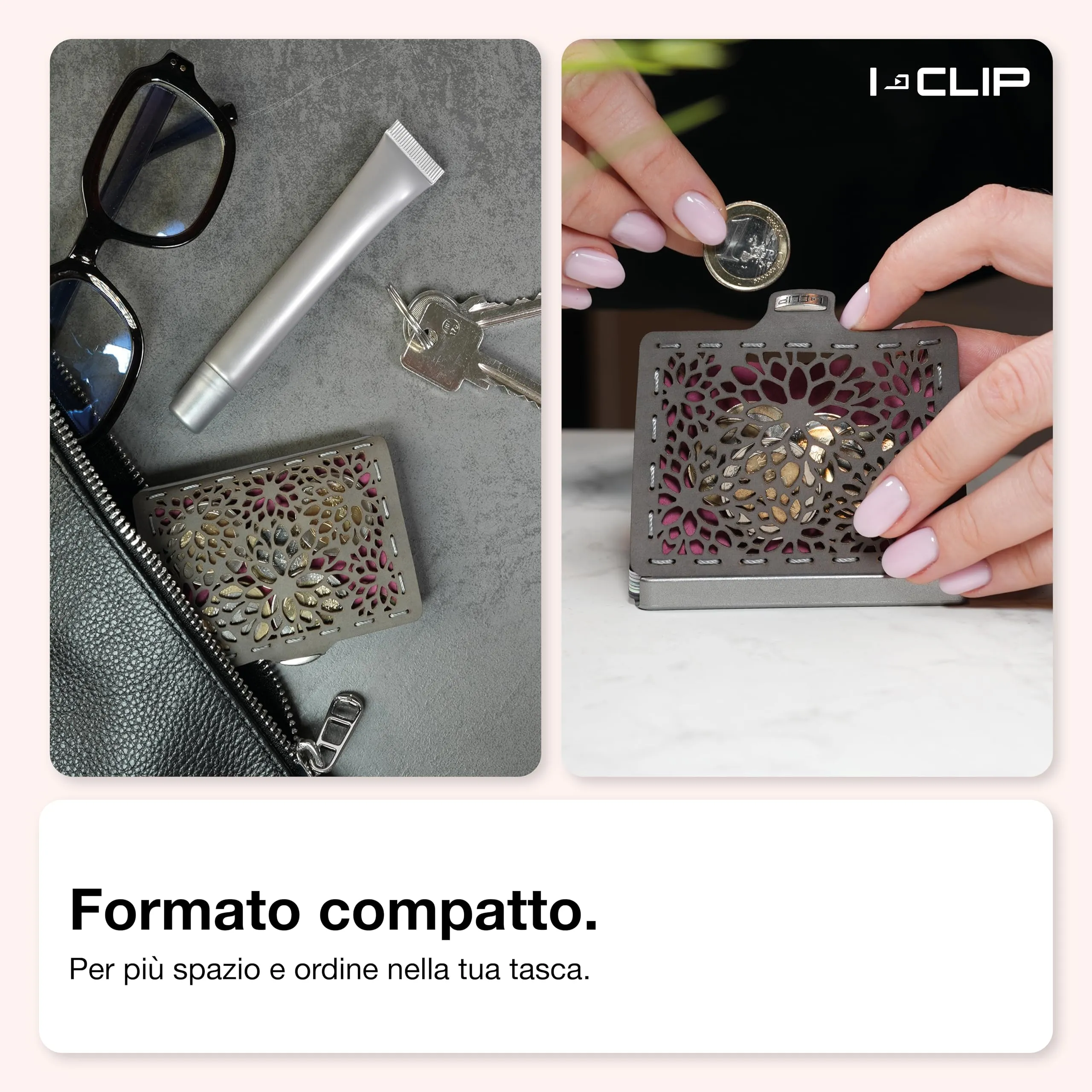 I-CLIP Original Portafoglio Donna Slim con Portamonete e Clip per Banconote, Mini Wallet fino a 12 Carte, Pelle Grey e Rosa, Telaio Argento - immagine 3