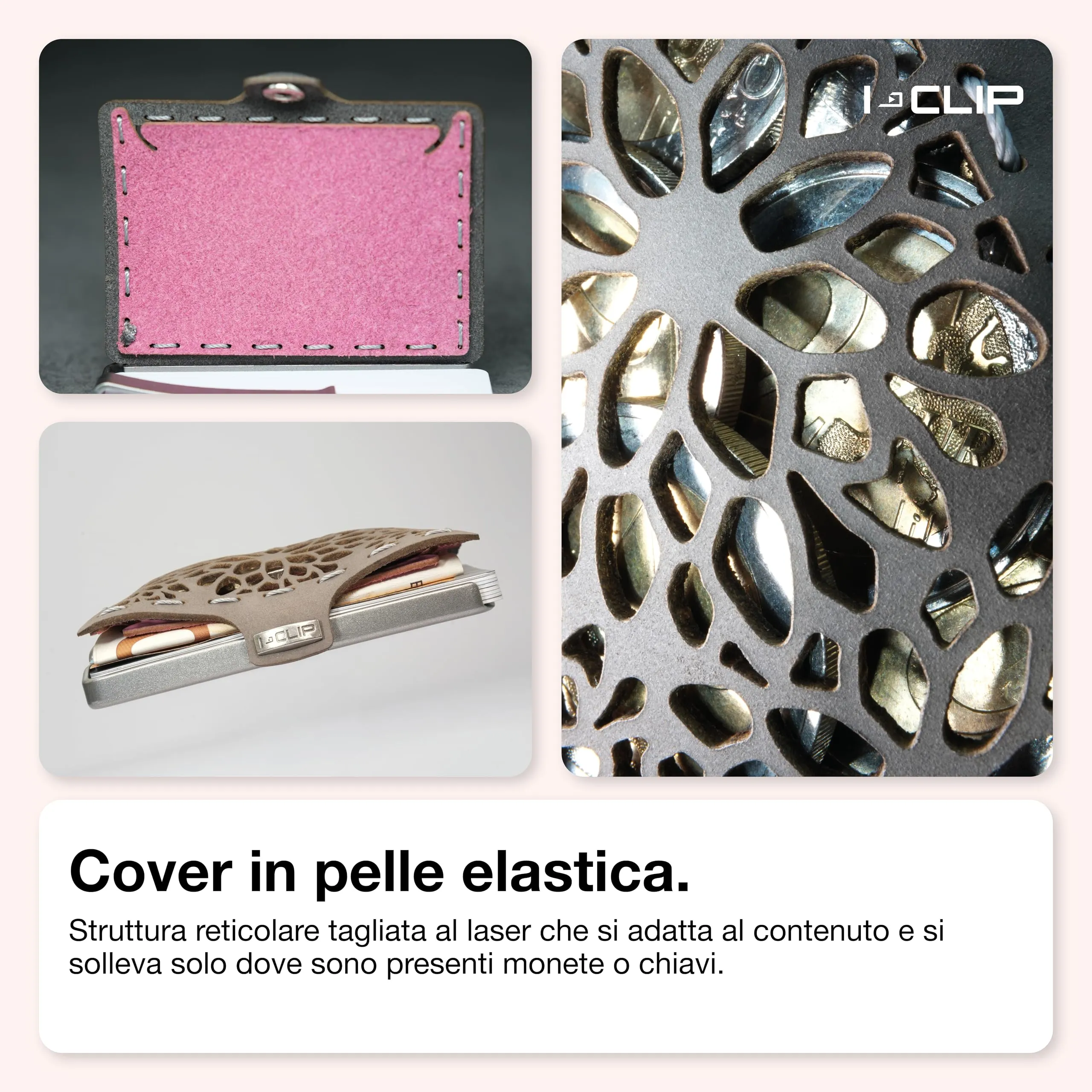 I-CLIP Original Portafoglio Donna Slim con Portamonete e Clip per Banconote, Mini Wallet fino a 12 Carte, Pelle Grey e Rosa, Telaio Argento - immagine 4