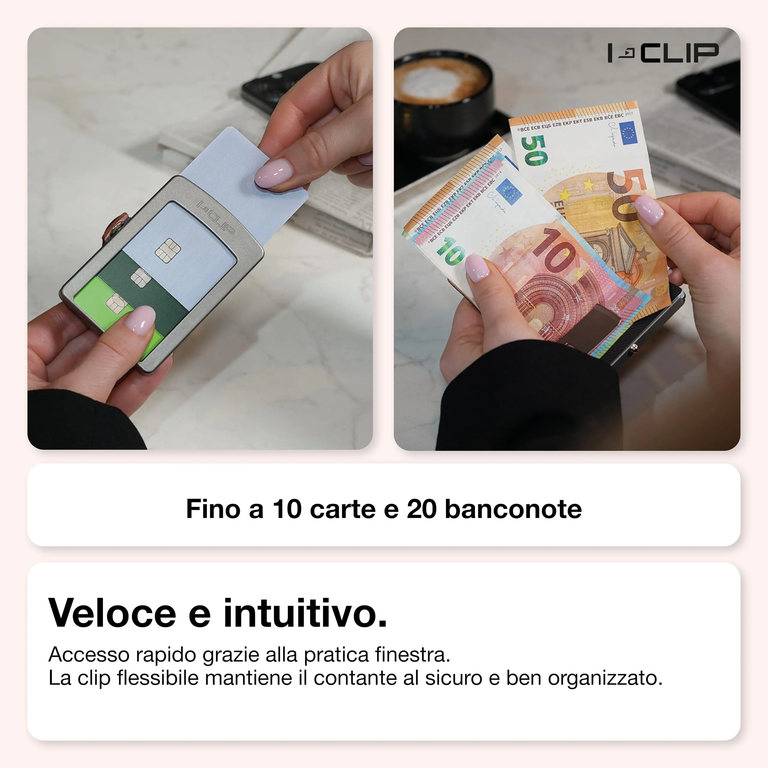 I-CLIP Original Portafoglio Donna Slim con Portamonete e Clip per Banconote, Mini Wallet fino a 12 Carte, Pelle Grey e Rosa, Telaio Argento - immagine 5
