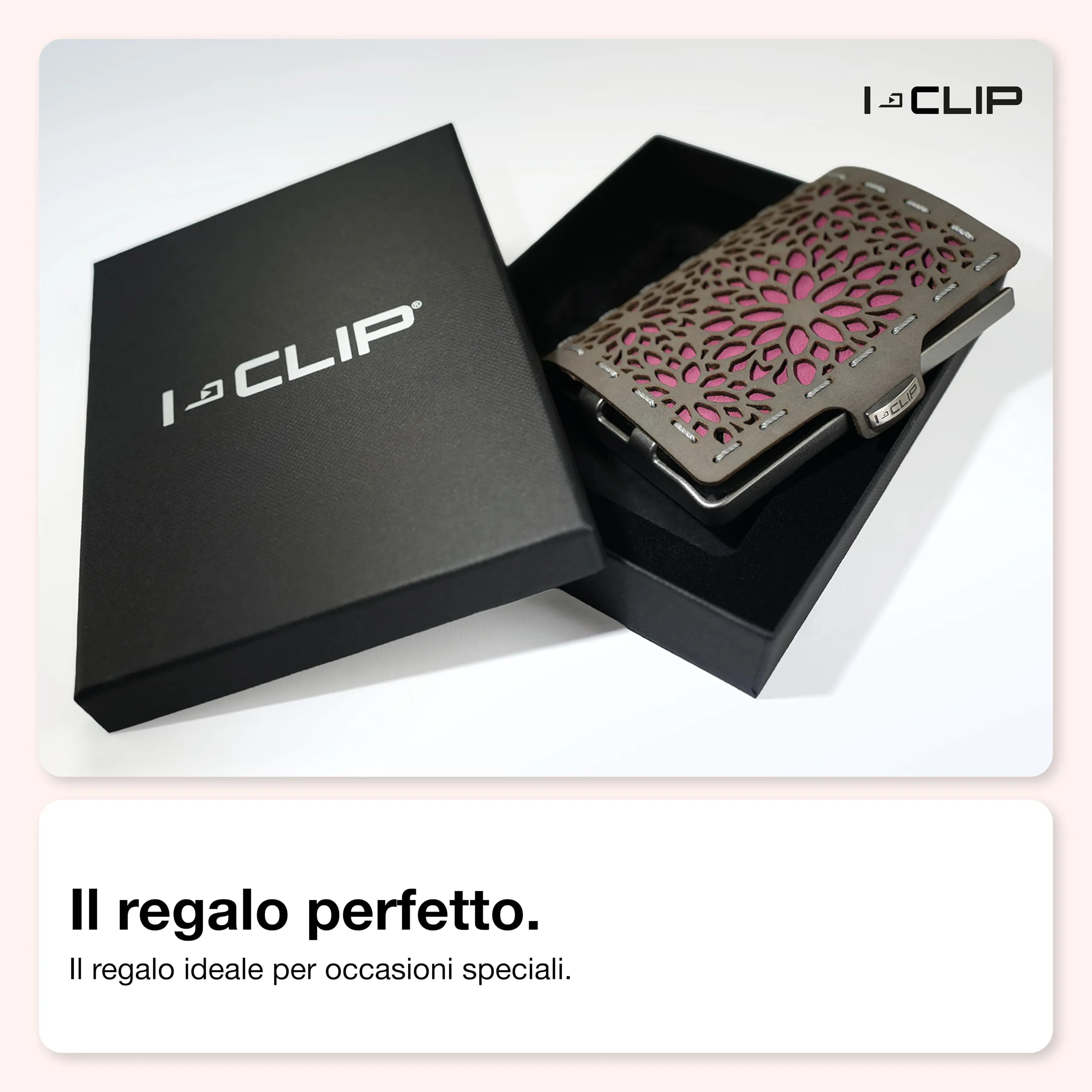 I-CLIP Original Portafoglio Donna Slim con Portamonete e Clip per Banconote, Mini Wallet fino a 12 Carte, Pelle Grey e Rosa, Telaio Argento - immagine 7