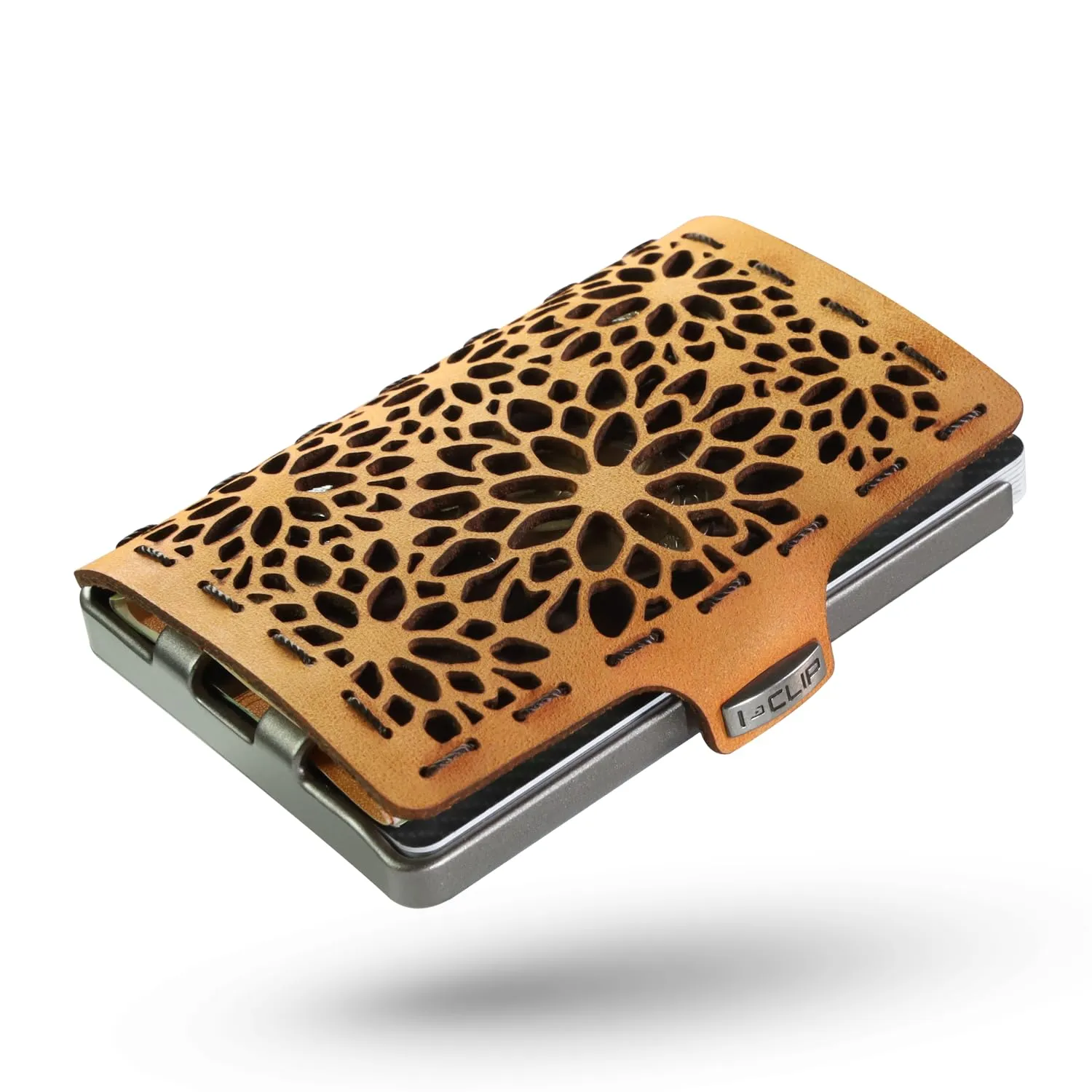 I-CLIP Original Portafoglio Donna Slim, Mini Wallet fino a 12 Carte, Pelle Sandflower, Telaio Argento - immagine 1