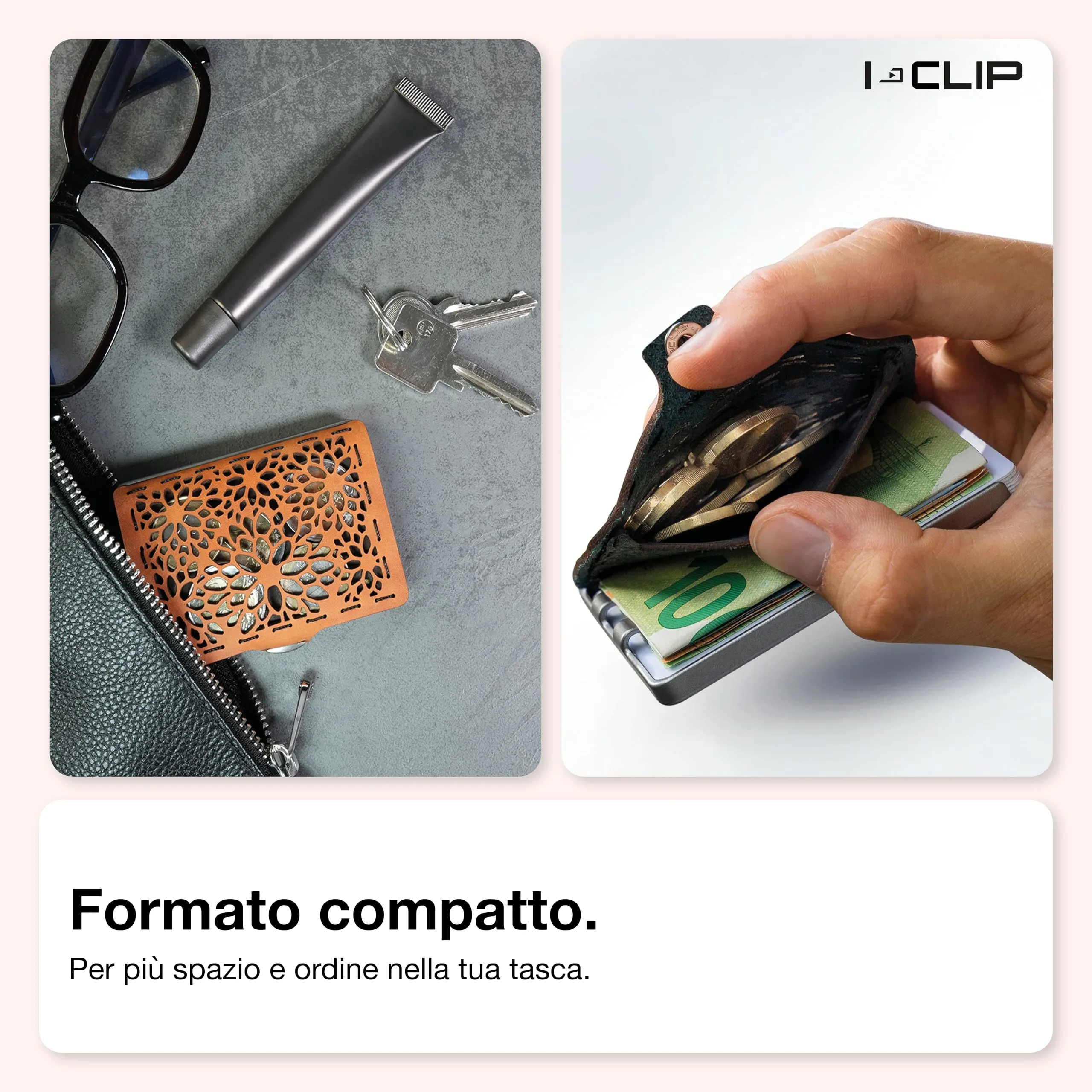 I-CLIP Original Portafoglio Donna Slim, Mini Wallet fino a 12 Carte, Pelle Sandflower, Telaio Argento - immagine 3