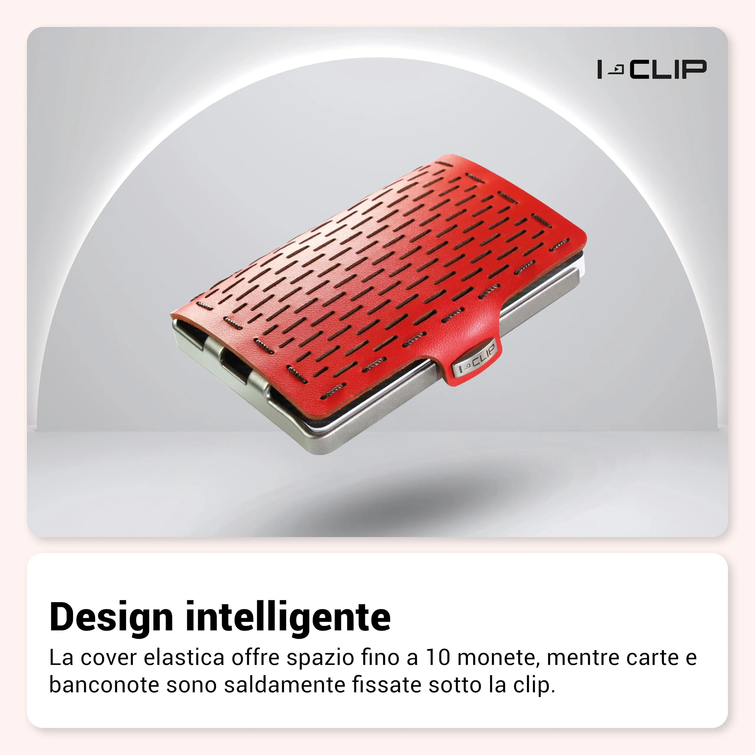 I-CLIP Original Portafoglio Donna Slim con Portamonete, Mini Wallet fino a 12 Carte, Pelle Rosso, Telaio Argento - immagine 2
