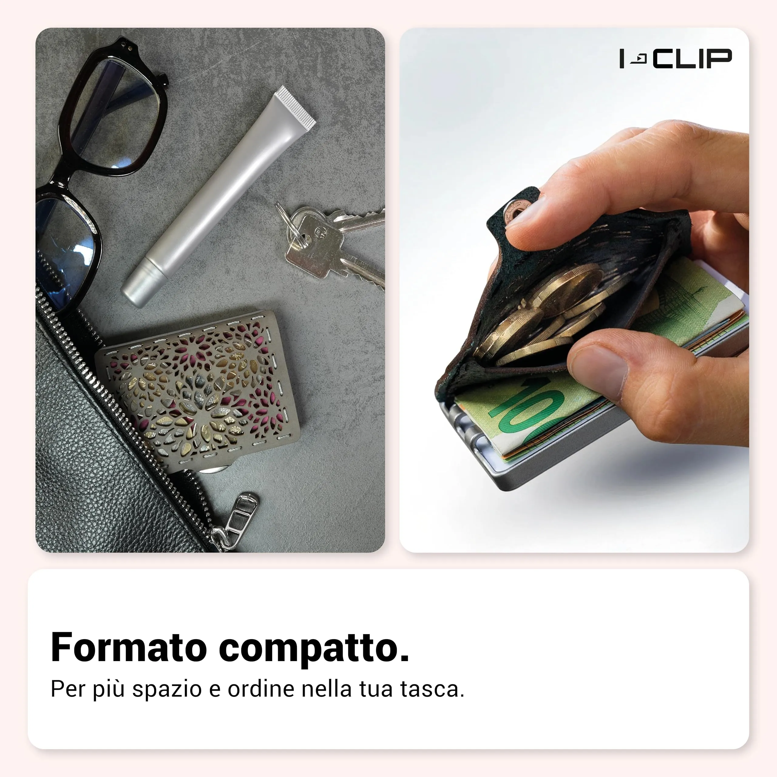 I-CLIP Original Portafoglio Donna Slim con Portamonete, Mini Wallet fino a 12 Carte, Pelle Rosso, Telaio Argento - immagine 3
