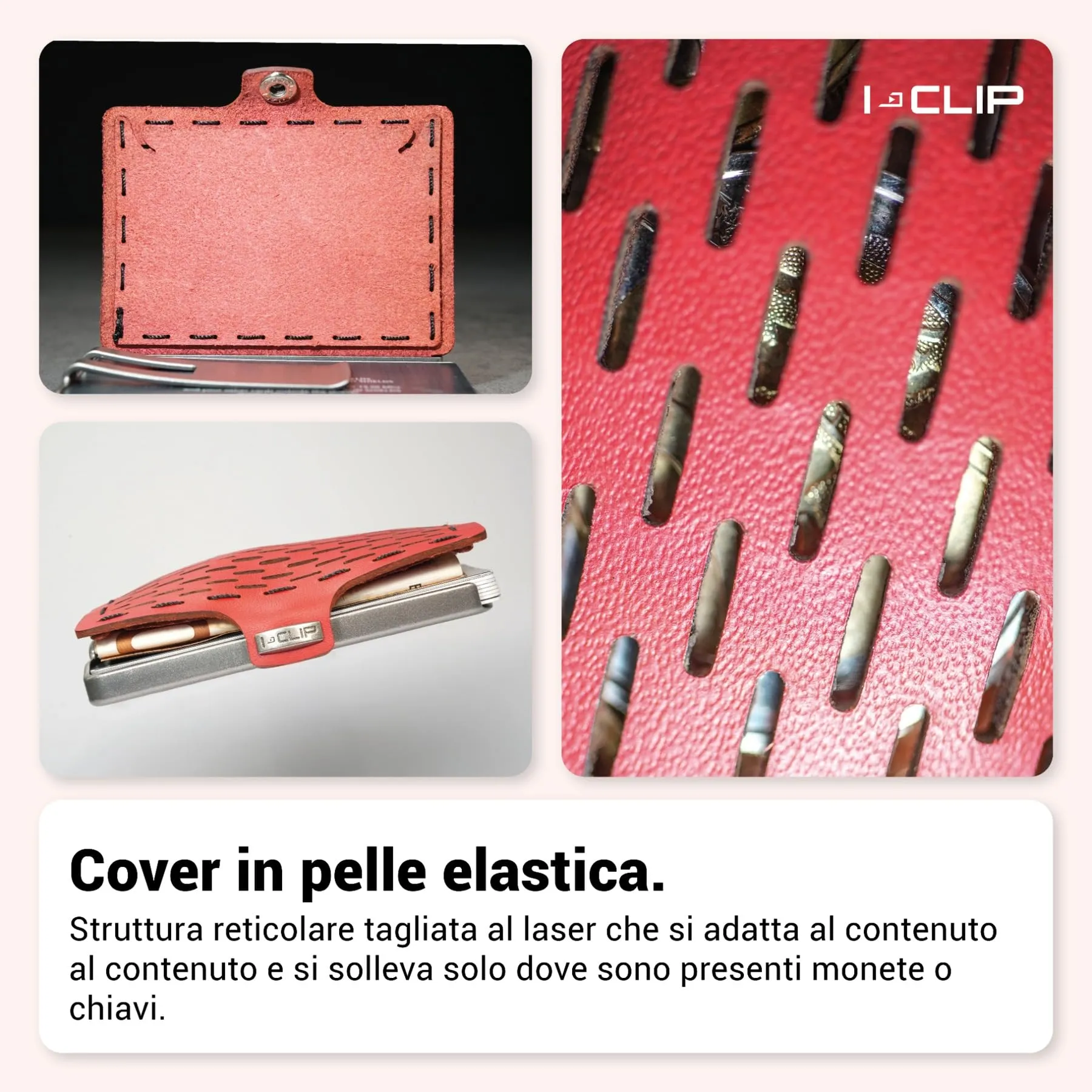 I-CLIP Original Portafoglio Donna Slim con Portamonete, Mini Wallet fino a 12 Carte, Pelle Rosso, Telaio Argento - immagine 4