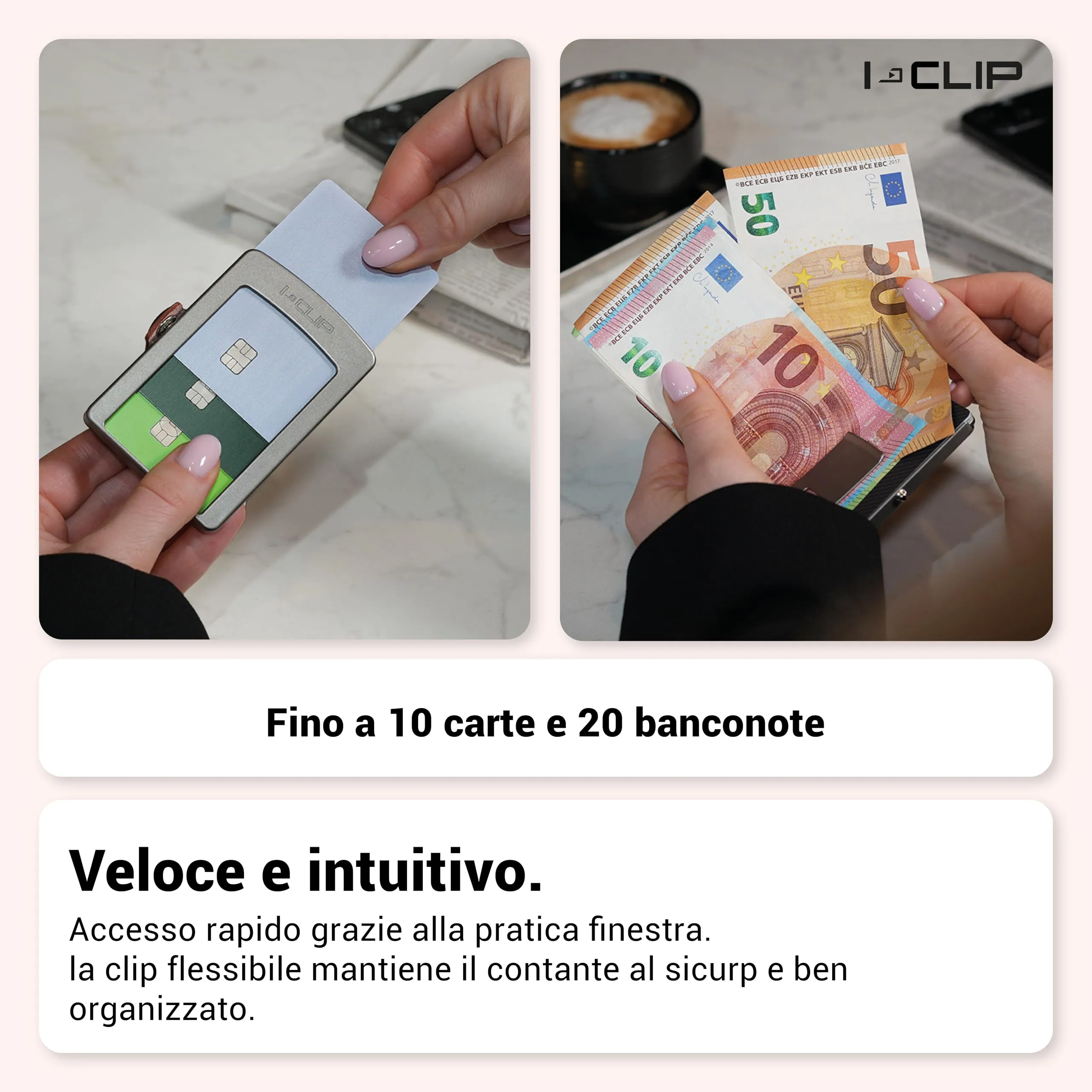 I-CLIP Original Portafoglio Donna Slim con Portamonete, Mini Wallet fino a 12 Carte, Pelle Rosso, Telaio Argento - immagine 5