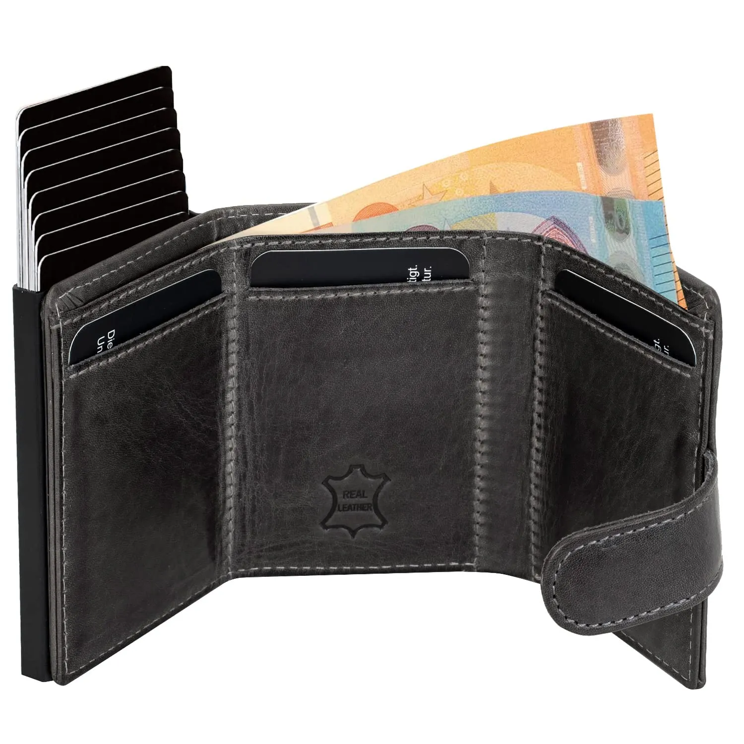Fa.Volmer Porta carte pop-up in vera pelle VO24/31, protezione RFID, 6 x 9,5 x 1,5cm, Grigio - immagine 2