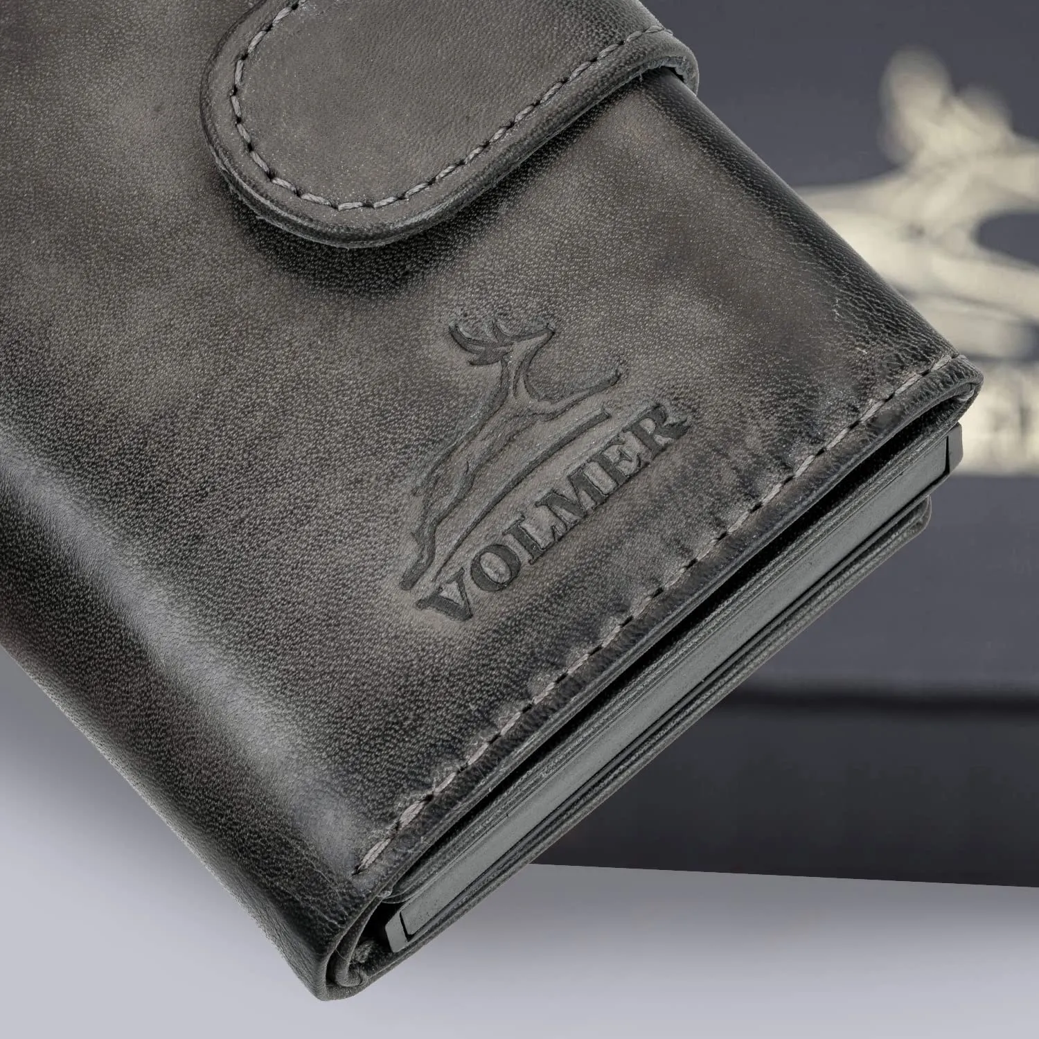 Fa.Volmer Porta carte pop-up in vera pelle VO24/31, protezione RFID, 6 x 9,5 x 1,5cm, Grigio - immagine 3