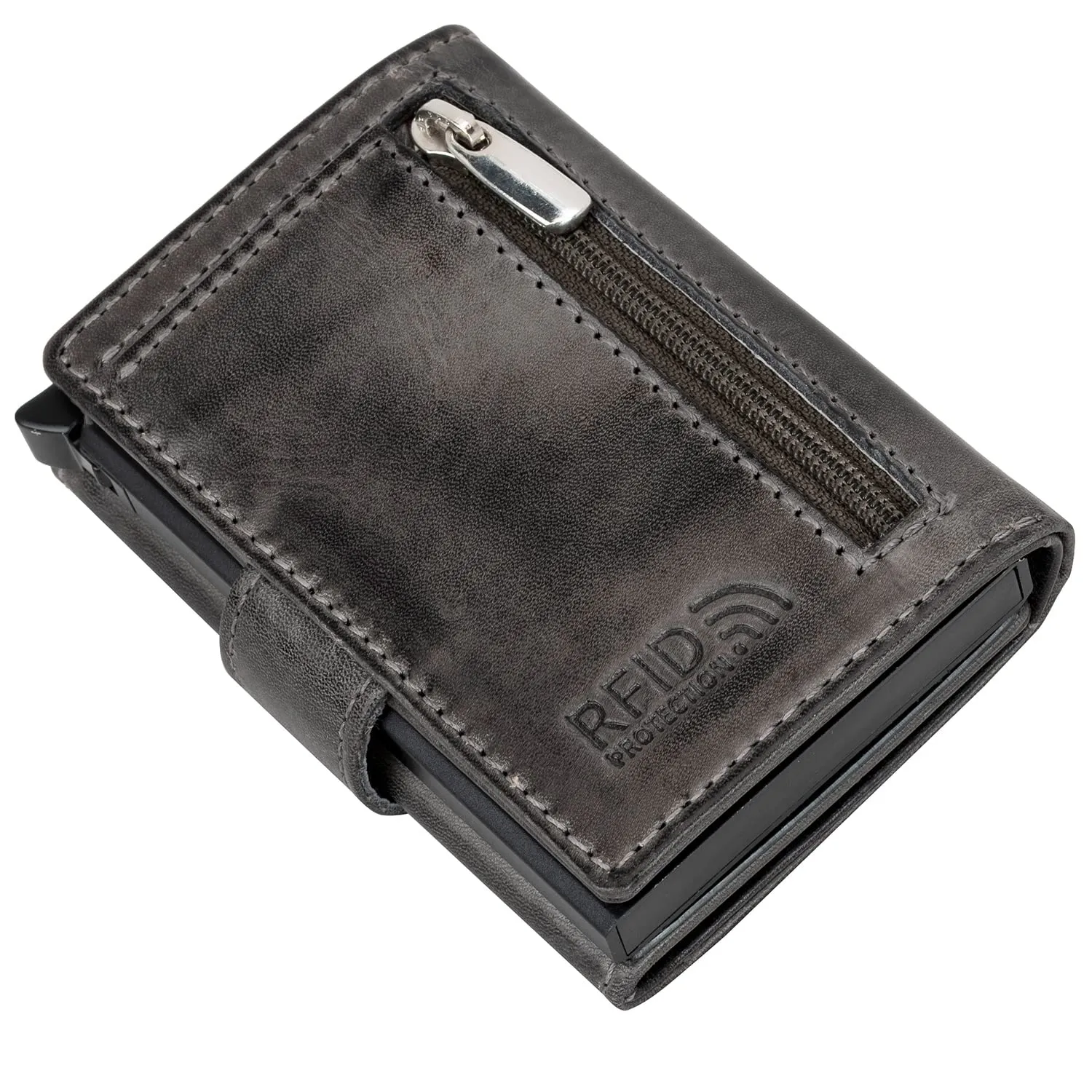 Fa.Volmer Porta carte pop-up in vera pelle VO24/31, protezione RFID, 6 x 9,5 x 1,5cm, Grigio - immagine 6
