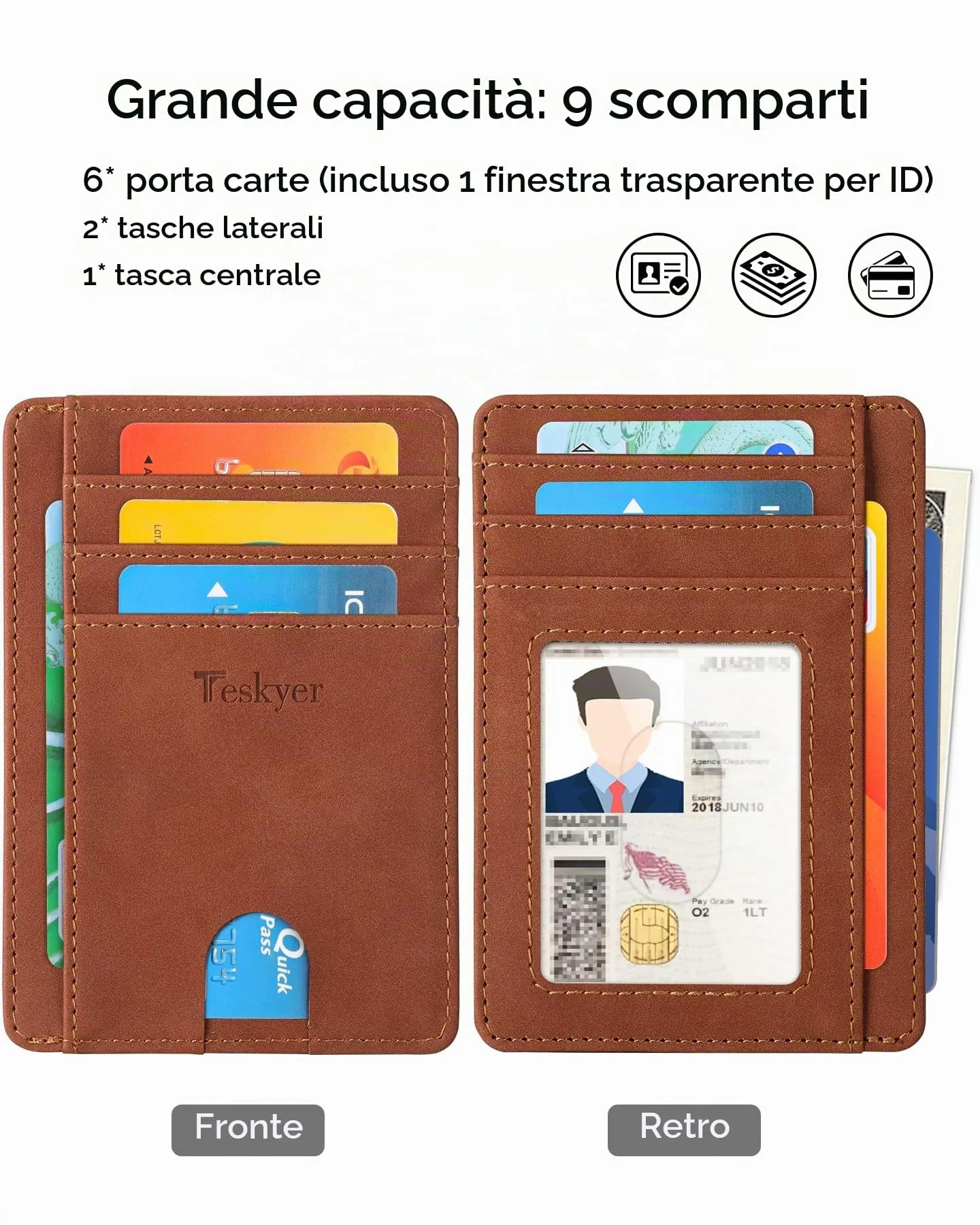 Teskyer Portafoglio Porta Carte di Credito Uomo, Protezione RFID, Design Minimalista, Marrone Rame - immagine 2