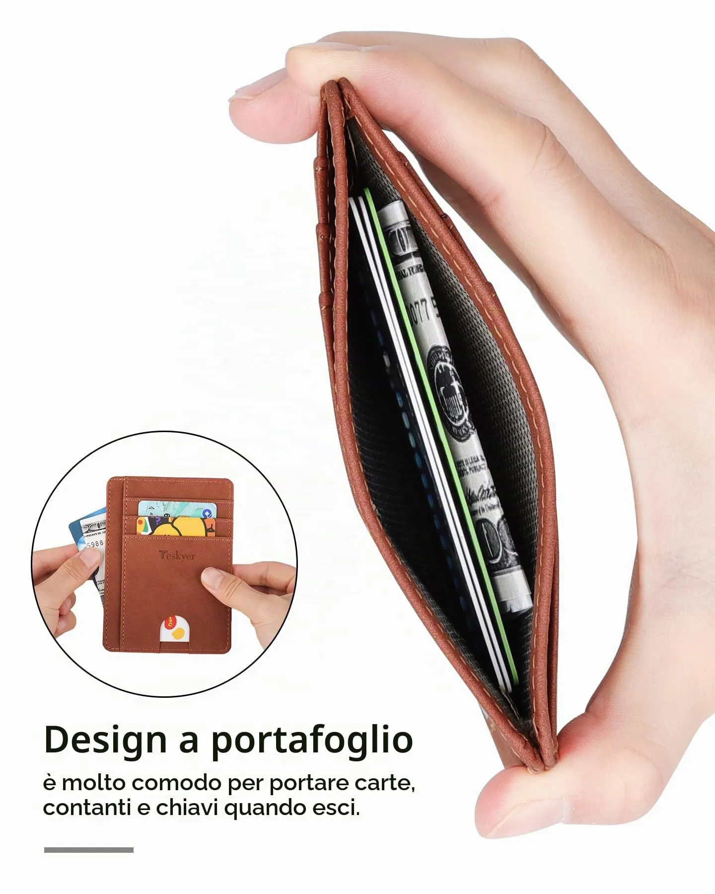 Teskyer Portafoglio Porta Carte di Credito Uomo, Protezione RFID, Design Minimalista, Marrone Rame - immagine 3
