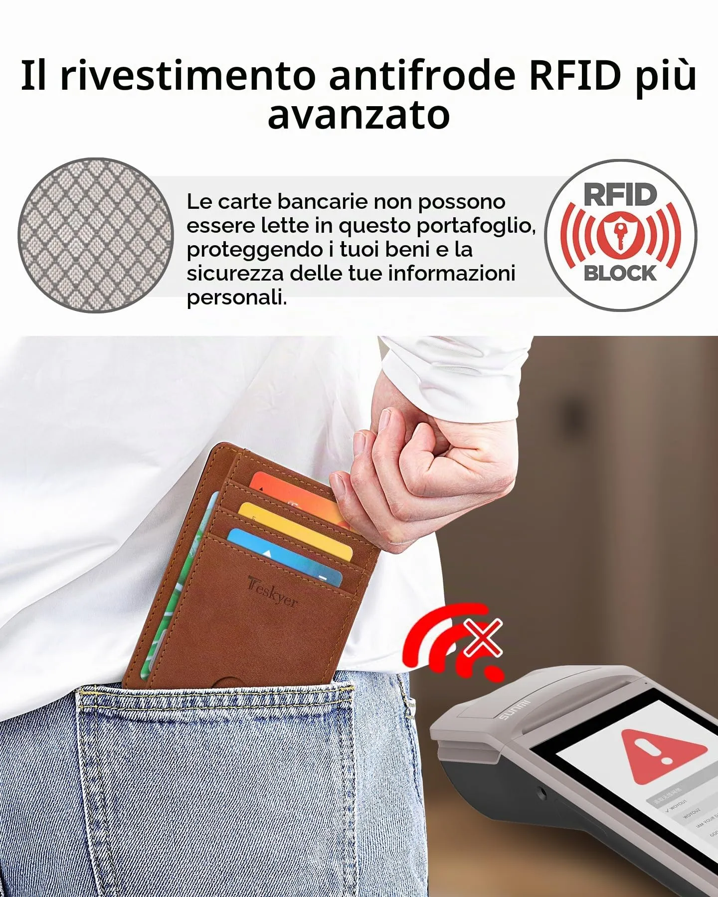 Teskyer Portafoglio Porta Carte di Credito Uomo, Protezione RFID, Design Minimalista, Marrone Rame - immagine 5