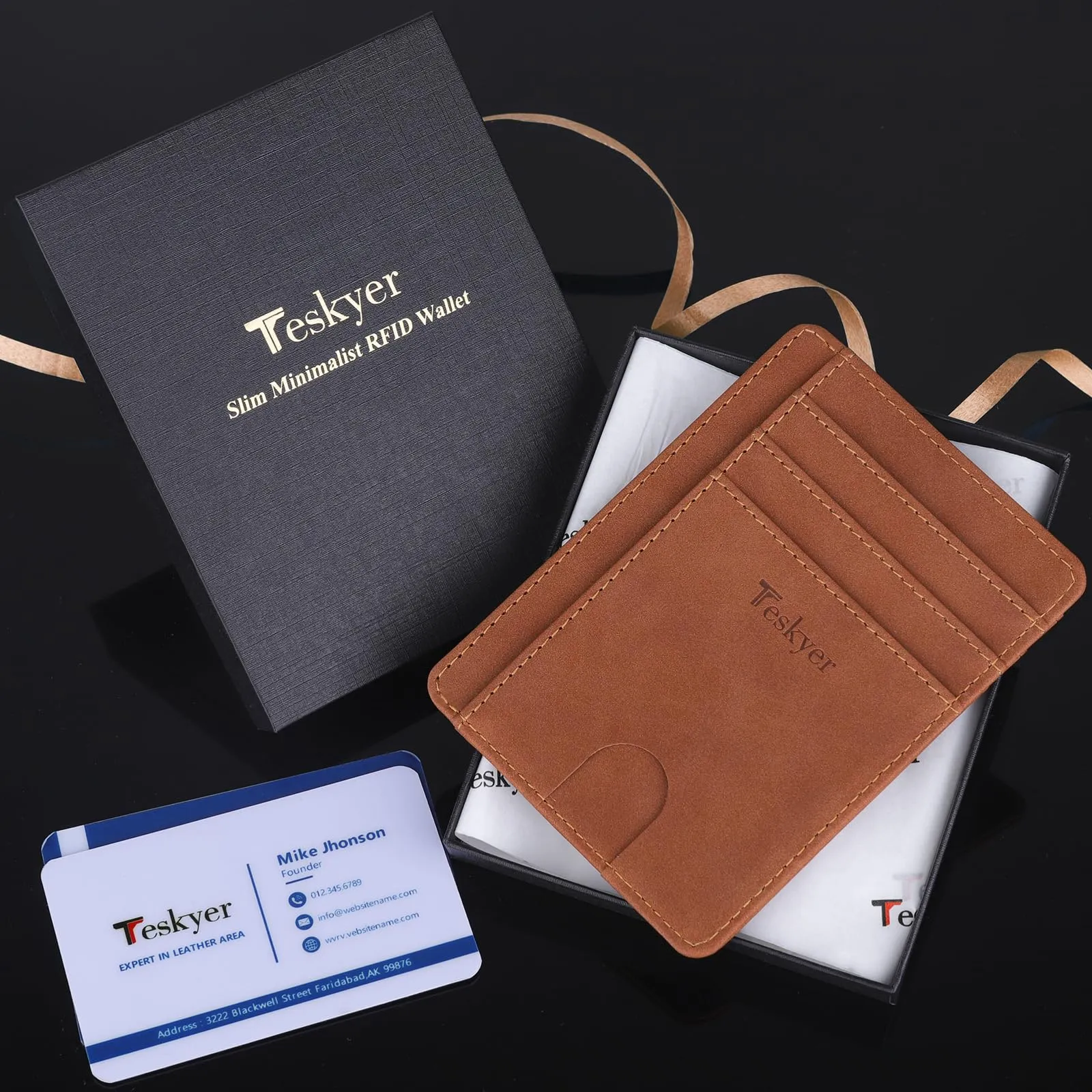 Teskyer Portafoglio Porta Carte di Credito Uomo, Protezione RFID, Design Minimalista, Marrone Rame - immagine 7