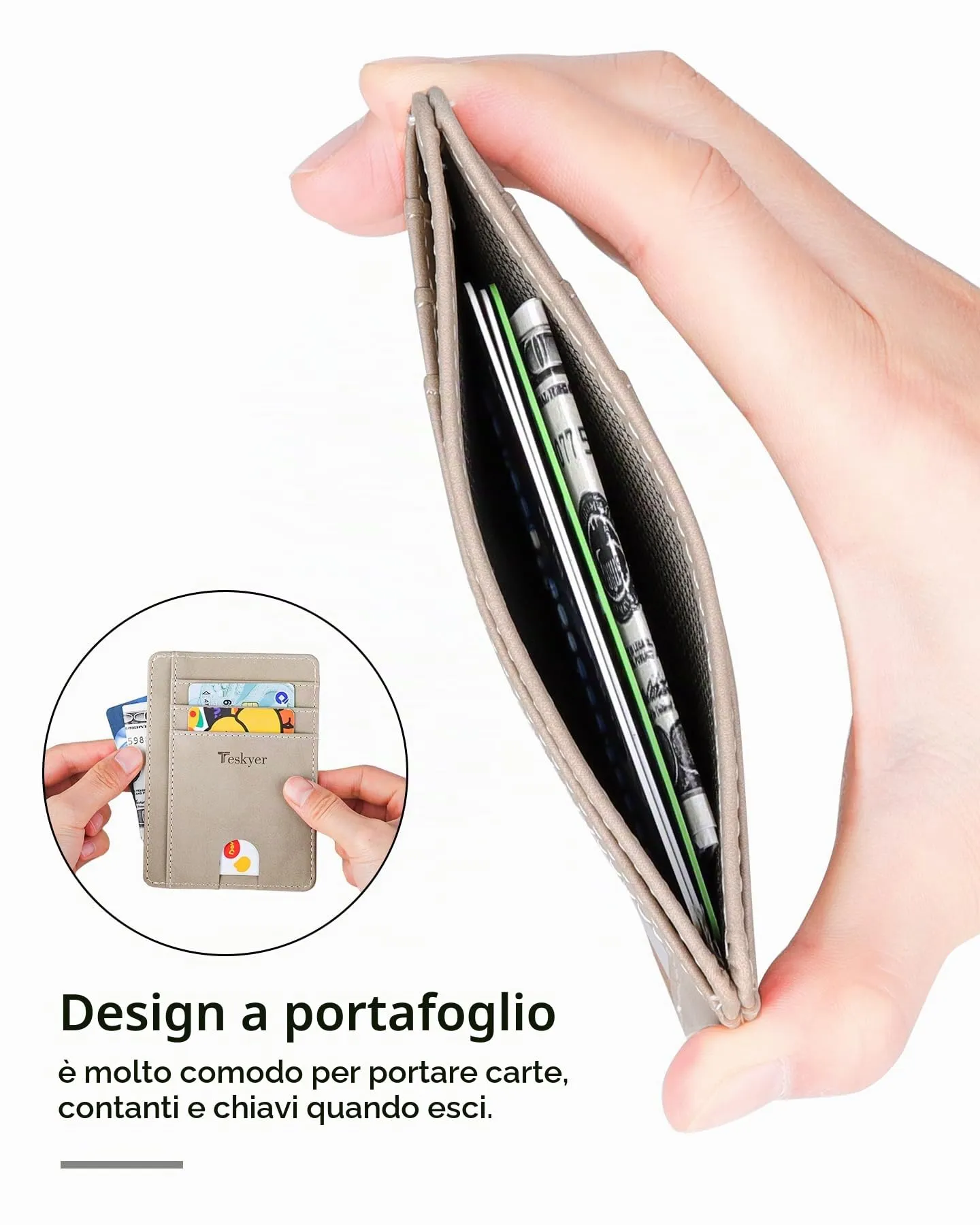 Teskyer Portafoglio Porta Carte di Credito Uomo Sottile RFID, Design Minimalista, Beige - immagine 3