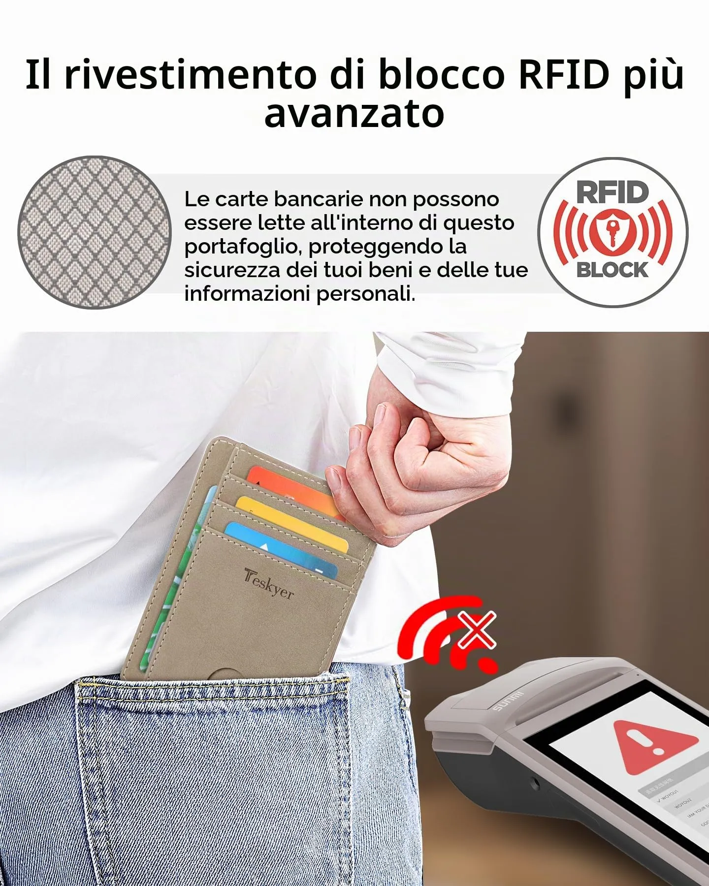 Teskyer Portafoglio Porta Carte di Credito Uomo Sottile RFID, Design Minimalista, Beige - immagine 5