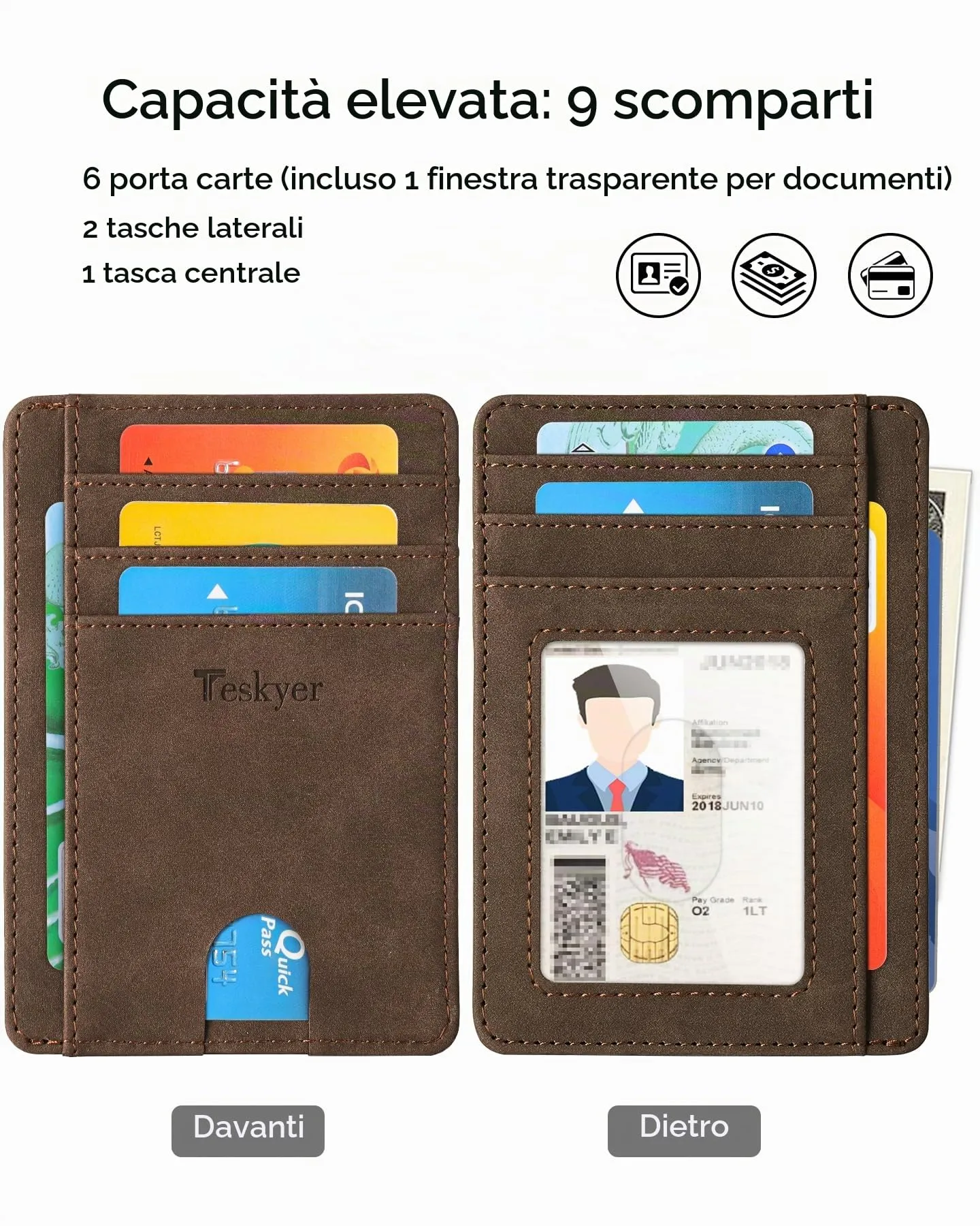 Teskyer Portafoglio Porta Carte di Credito Uomo, Protezione RFID, Design Minimalista, Marrone - immagine 2